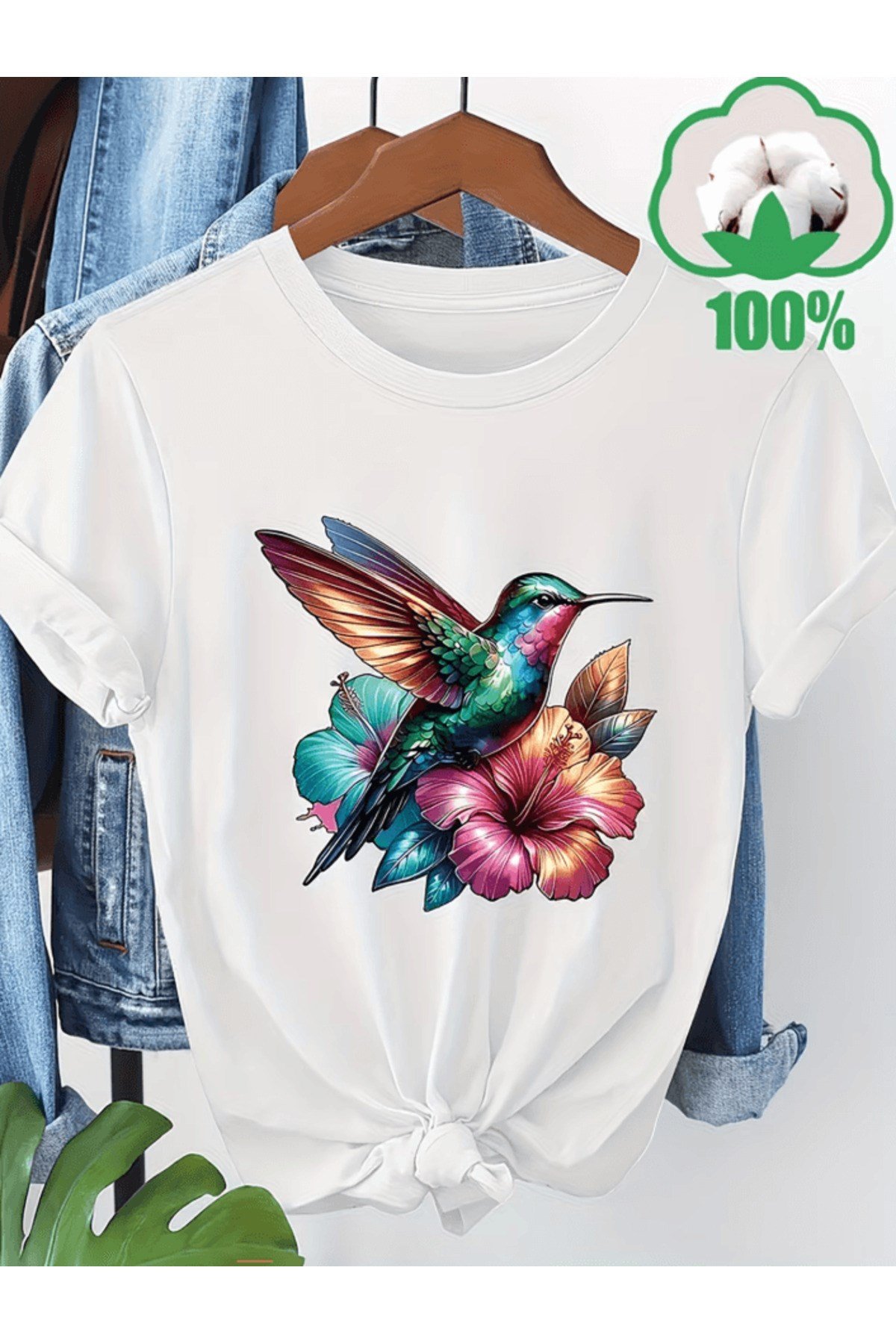 Sevimli Renkli Çiçek Detay Kuş Baskılı Premium Oversize T-shirt