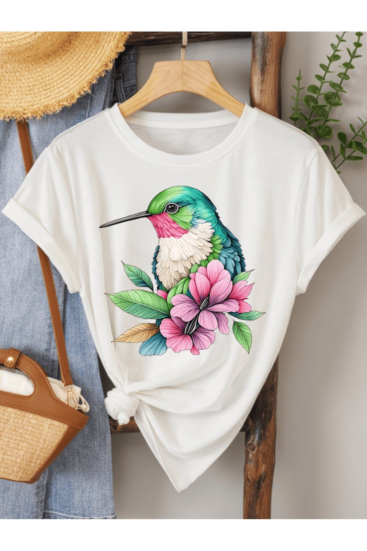 Sevimli Renkli Kuş Baskılı Premium Oversize T-shirt