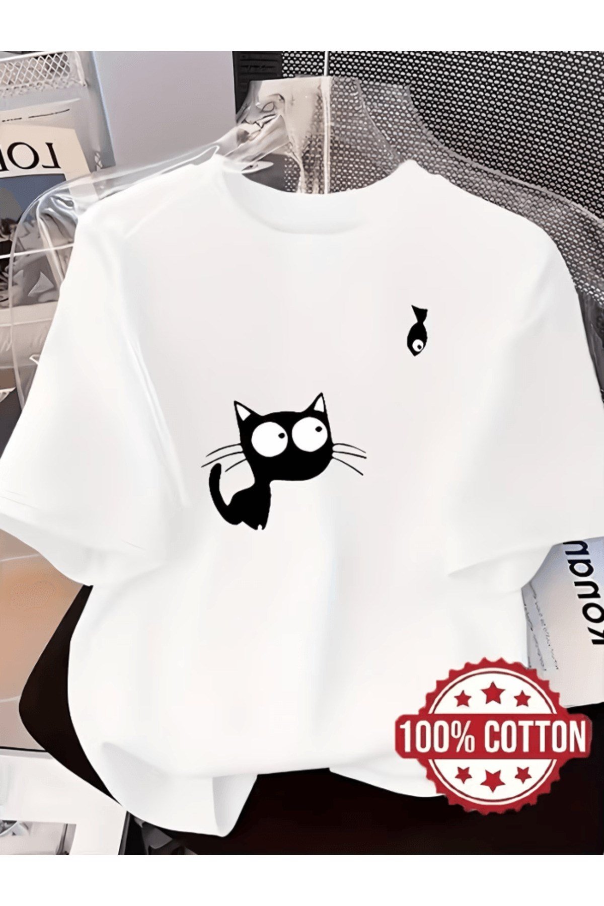 Sevimli Siyah Kedi Ve Mini Balık Baskılı Premium Oversize T-shirt
