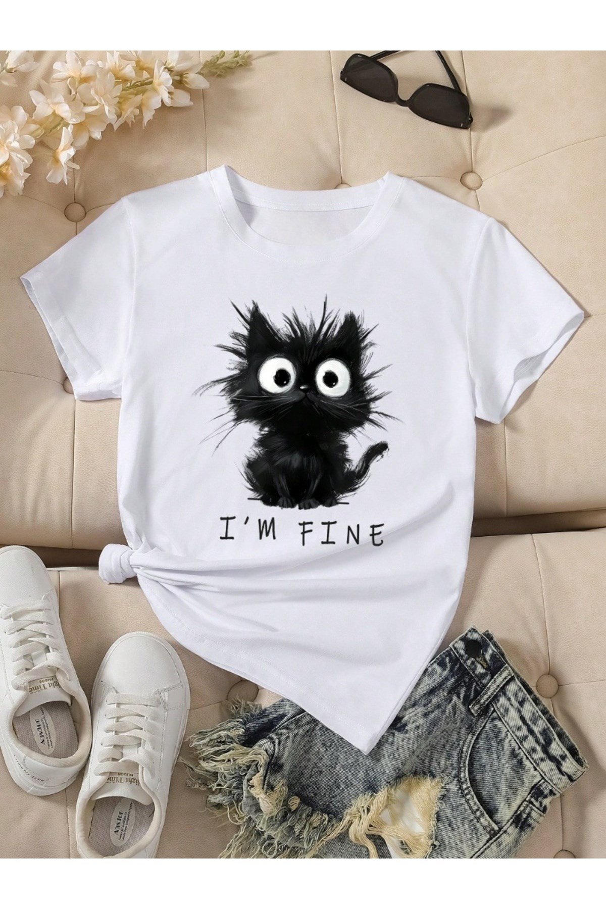 Sevimli Yavru Kedi Baskılı Premium Oversize T-shirt