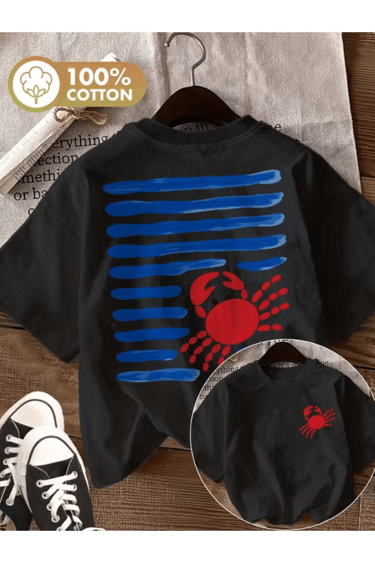 Sevimli Yengeç Mavi Detay Baskılı Premium Oversize T-shirt