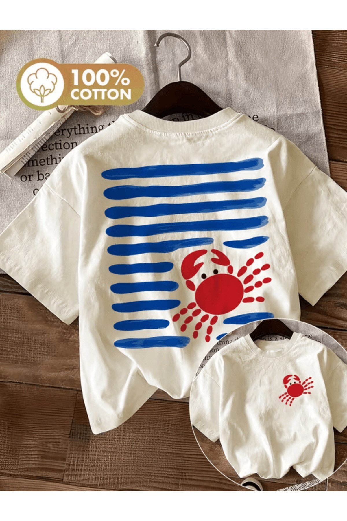 Sevimli Yengeç Mavi Detay Baskılı Premium Oversize T-shirt