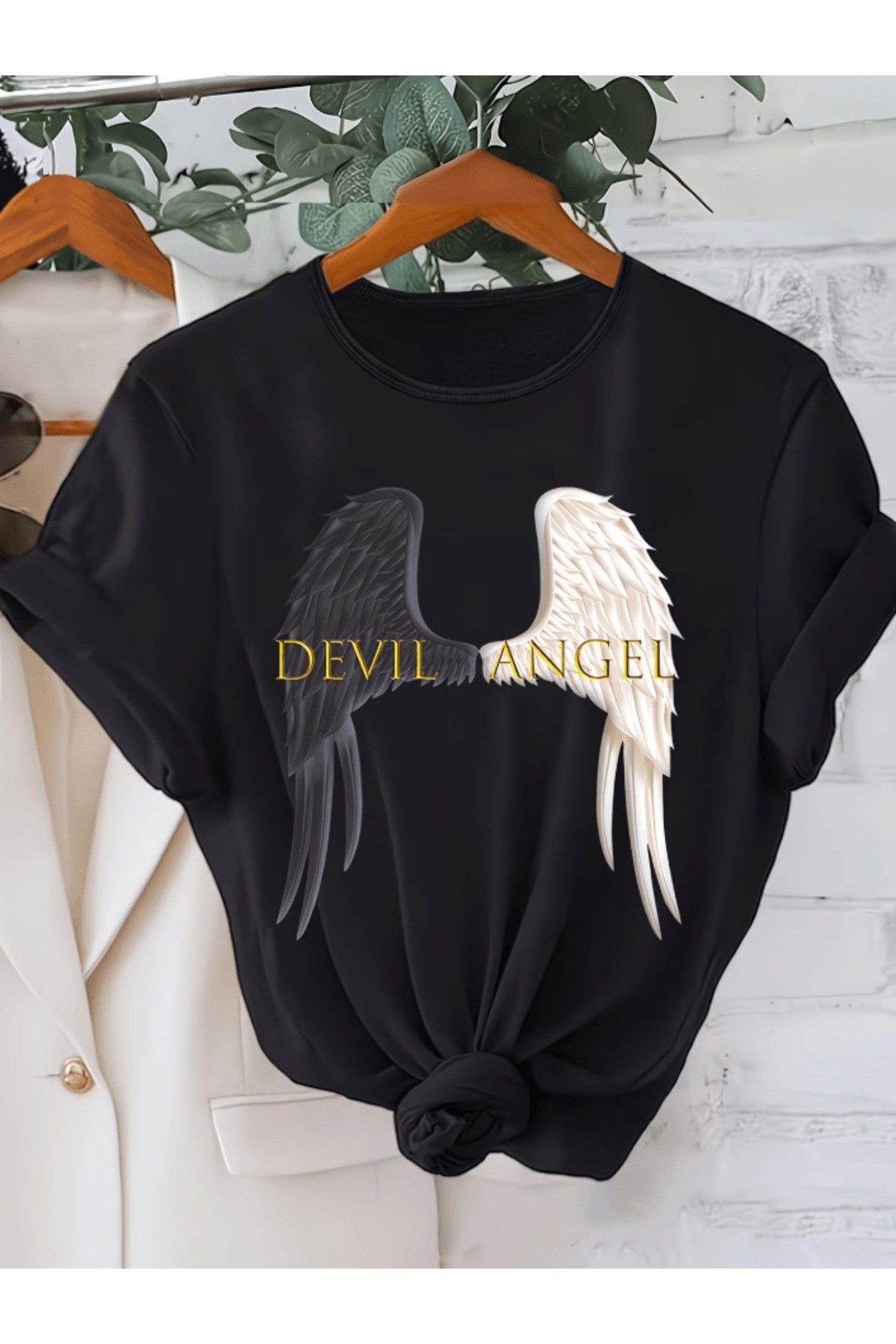Şeytan Ve Melek Kanat Baskılı Premium Oversize T-shirt