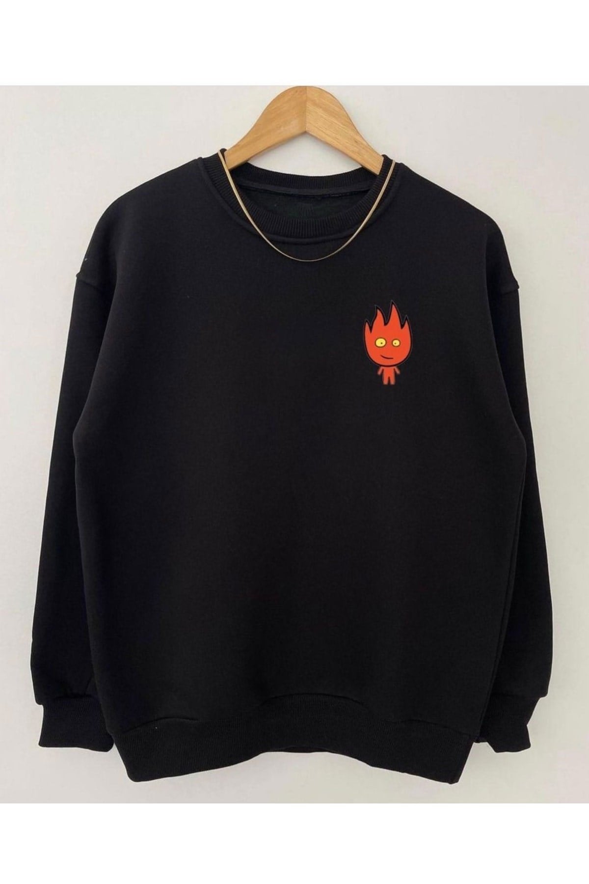 Siyah Çift Kombini Ateş Ve Su Baskılı Bisiklet Yaka Sweatshirt
