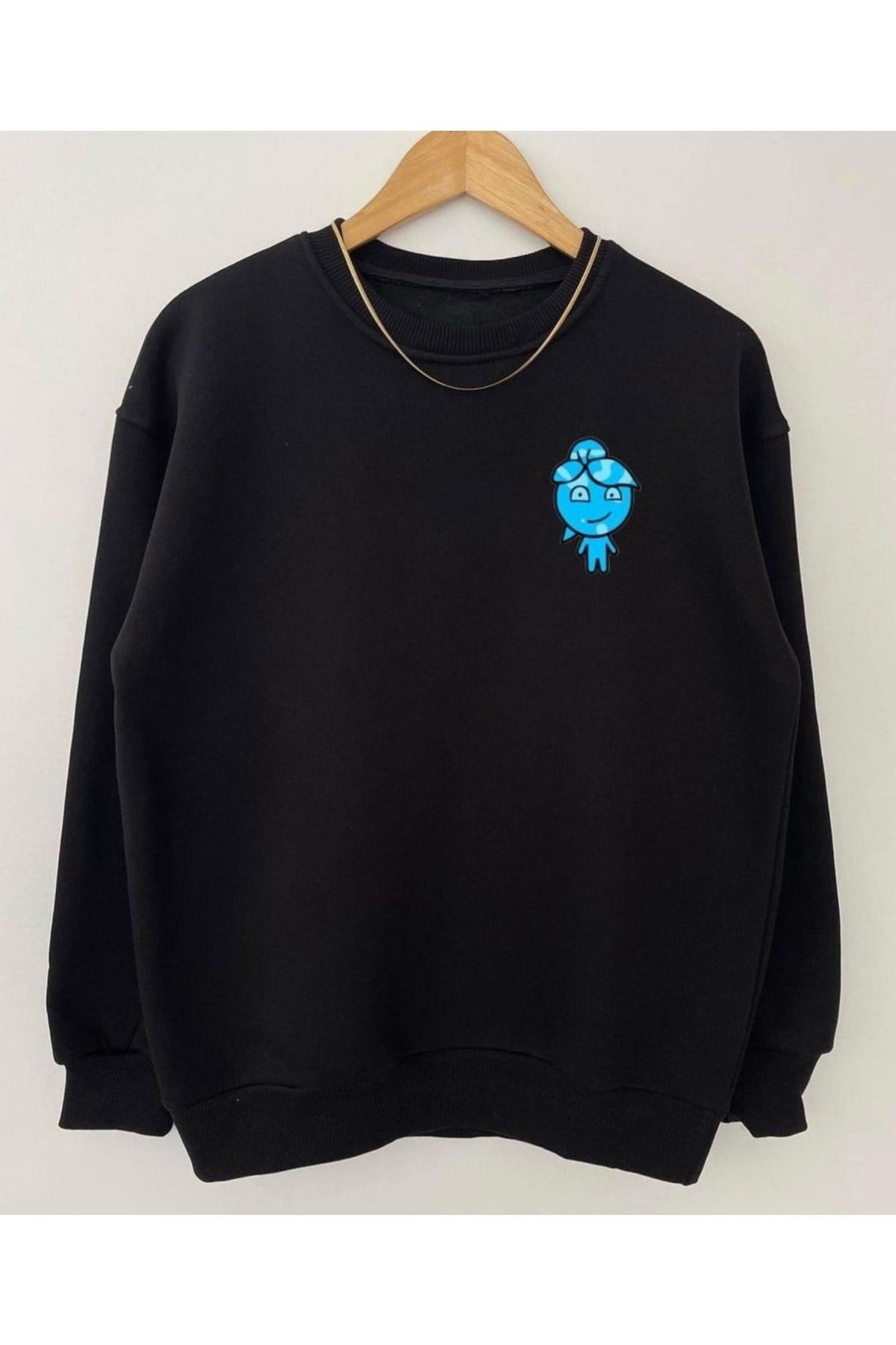 Siyah Çift Kombini Ateş Ve Su Baskılı Bisiklet Yaka Sweatshirt