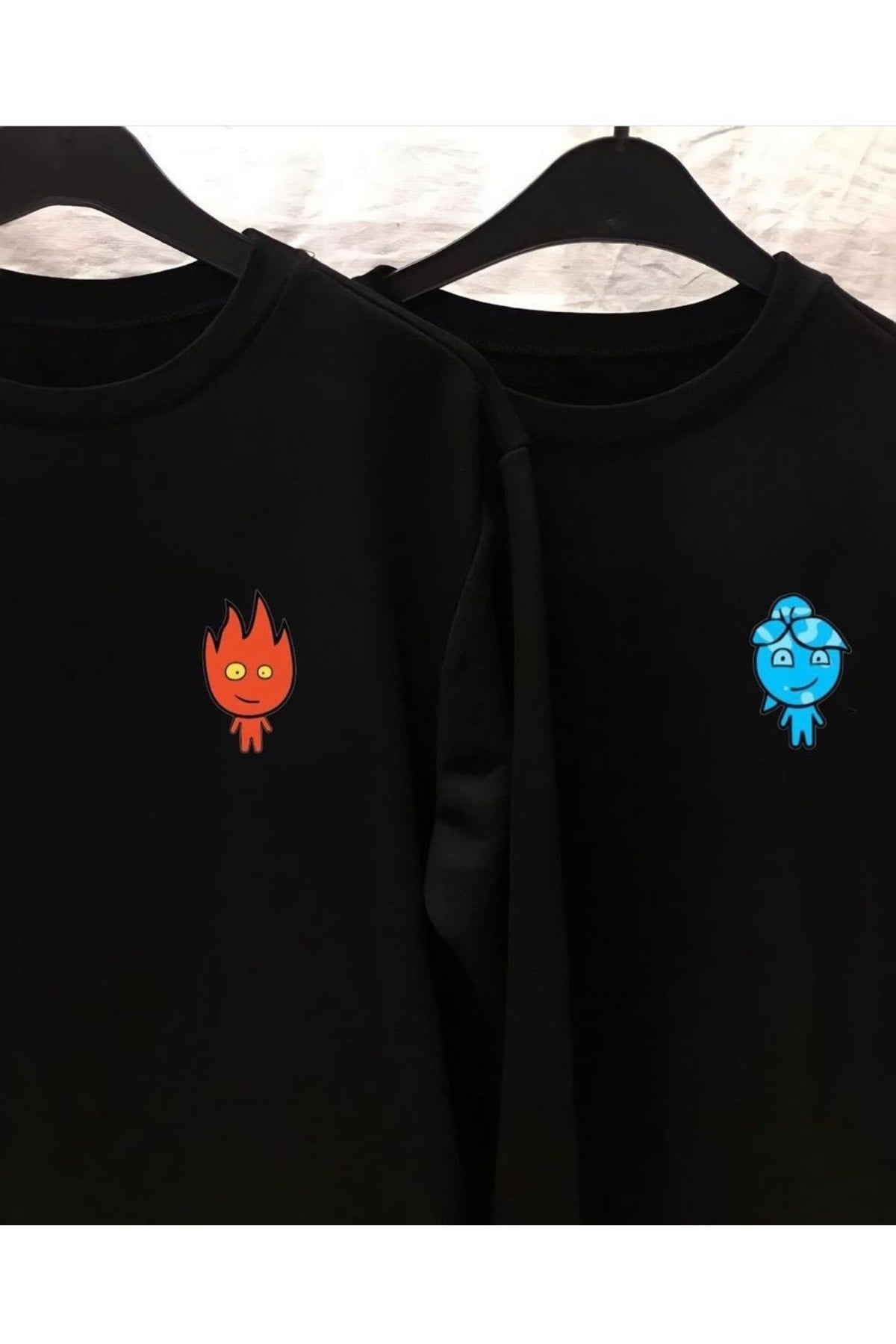 Siyah Çift Kombini Ateş Ve Su Baskılı Bisiklet Yaka Sweatshirt