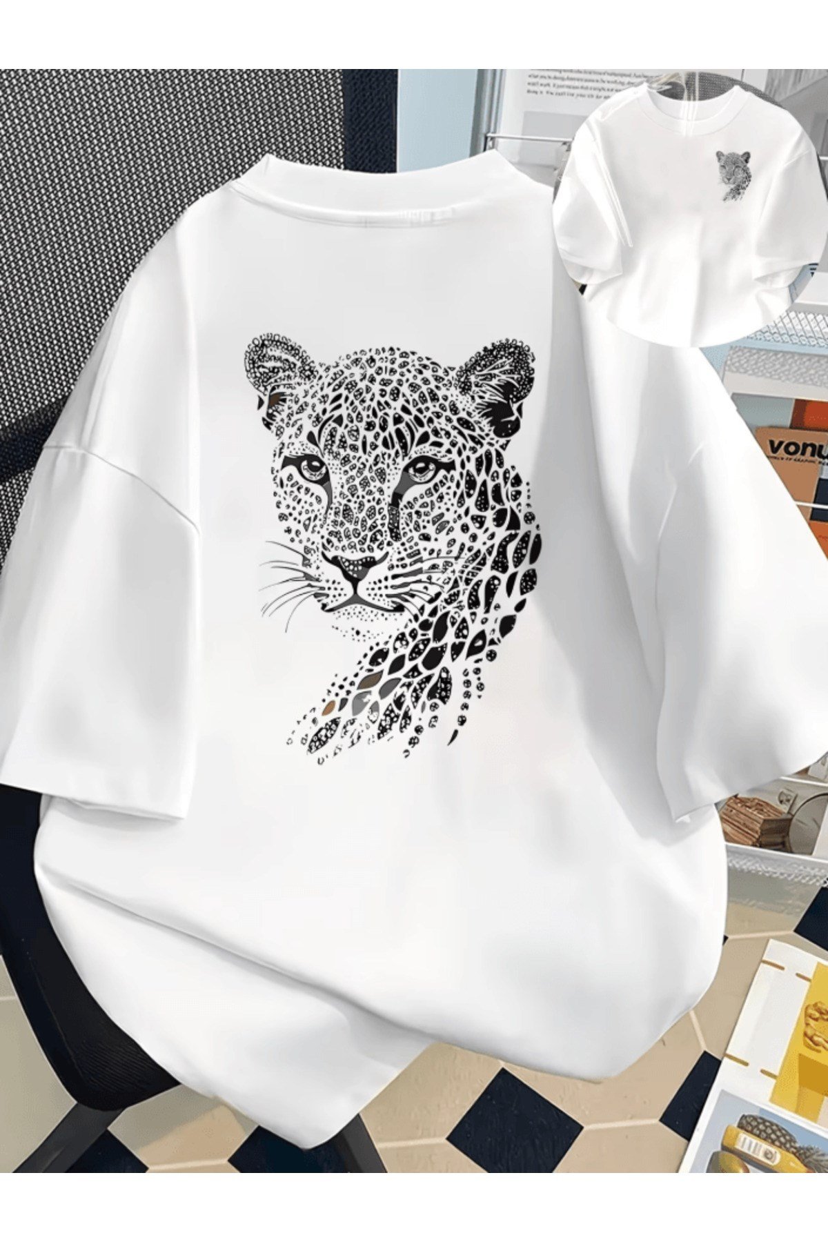 Siyah Desen Kaplan Çift Taraf Baskılı Premium Oversize T-shirt