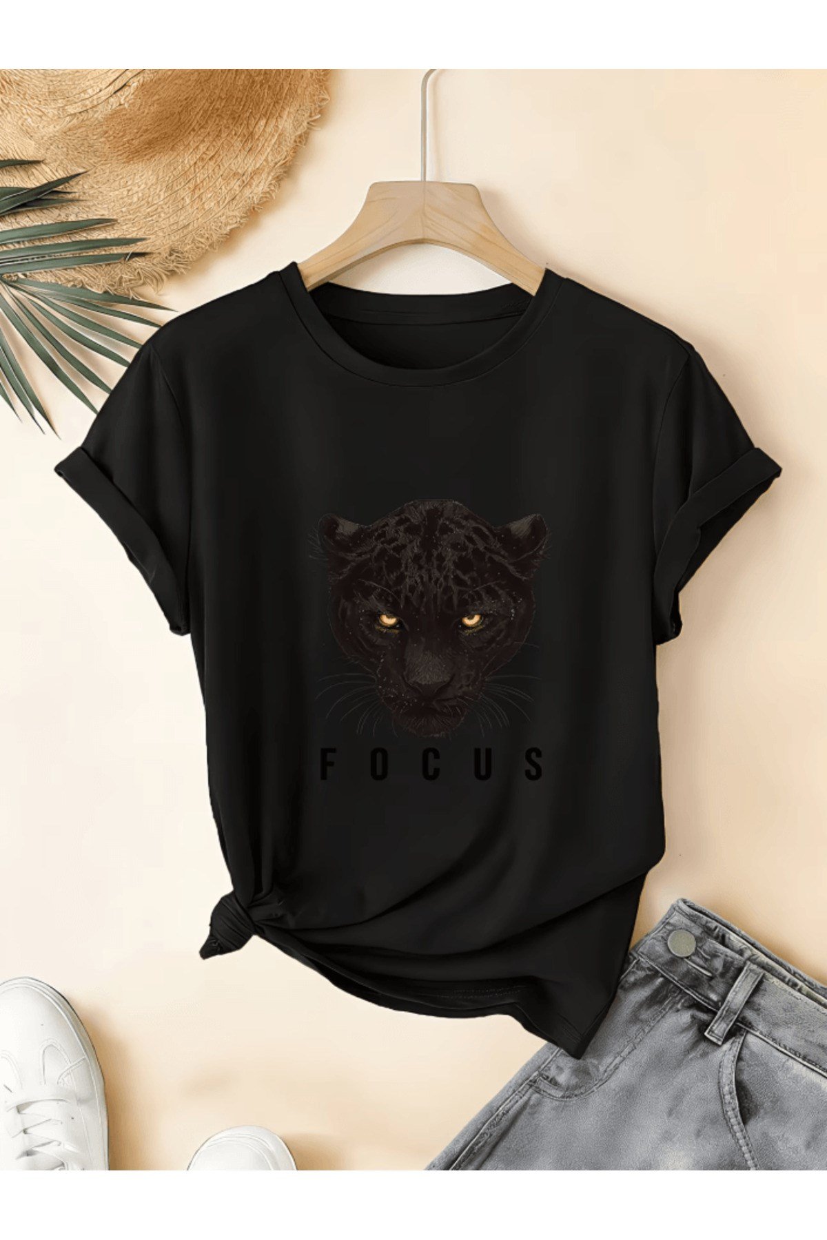 Siyah Kaplan Baskılı Focus Yazı Baskılı Premium Oversize T-shirt