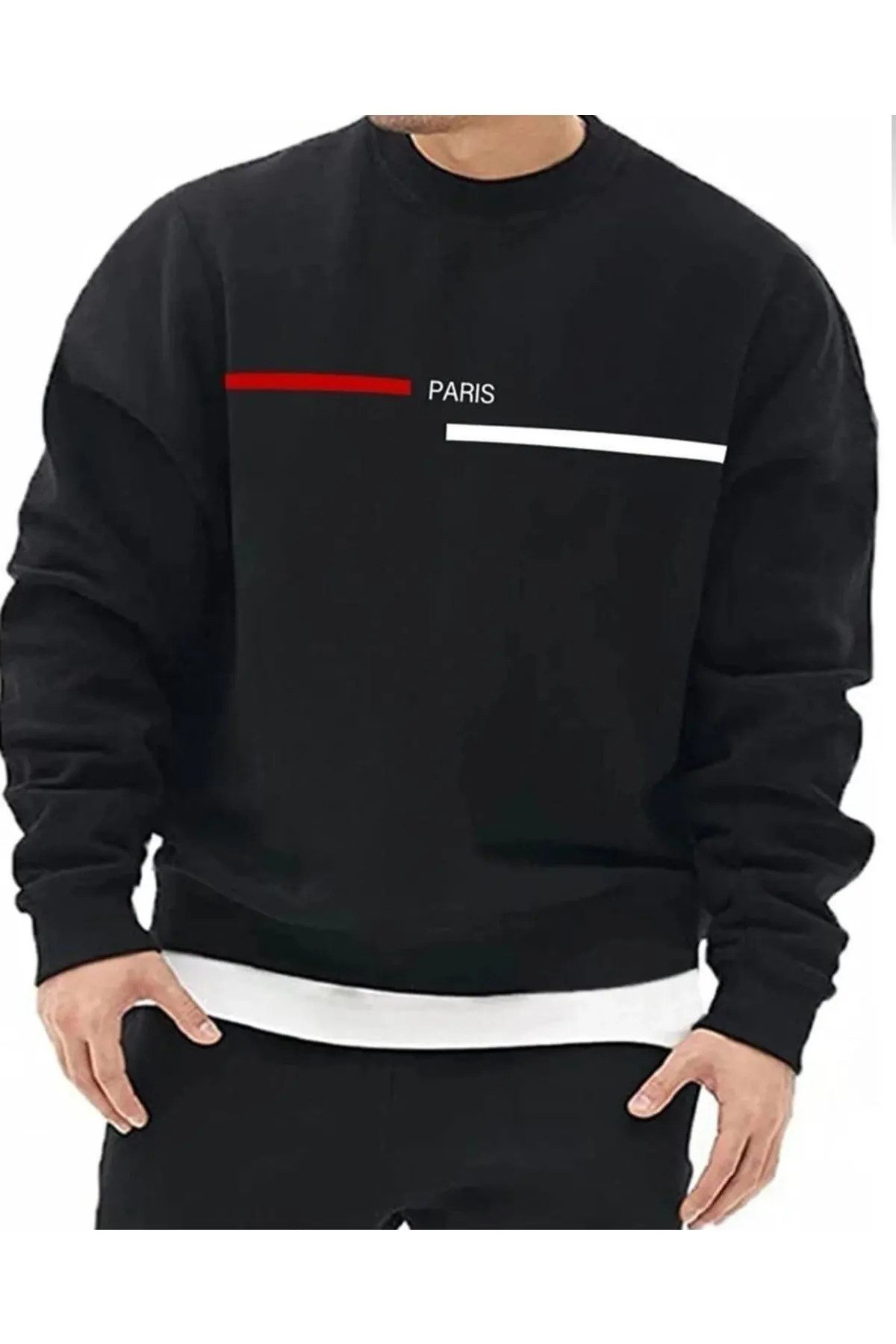 Siyah Oversize Paris Şerit Baskılı Pamuklu Kapşonsuz Bisiklet Yaka Unisex Sweatshirt paris0yaka