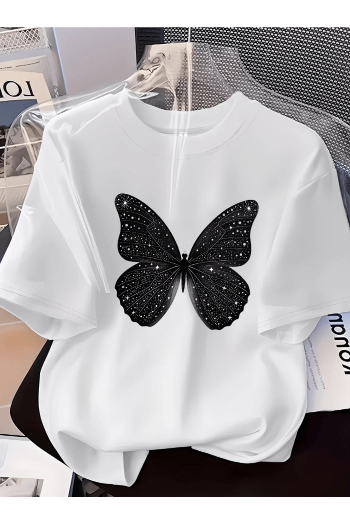 Siyah Parlak Kelebek Baskılı Premium Oversize T-shirt