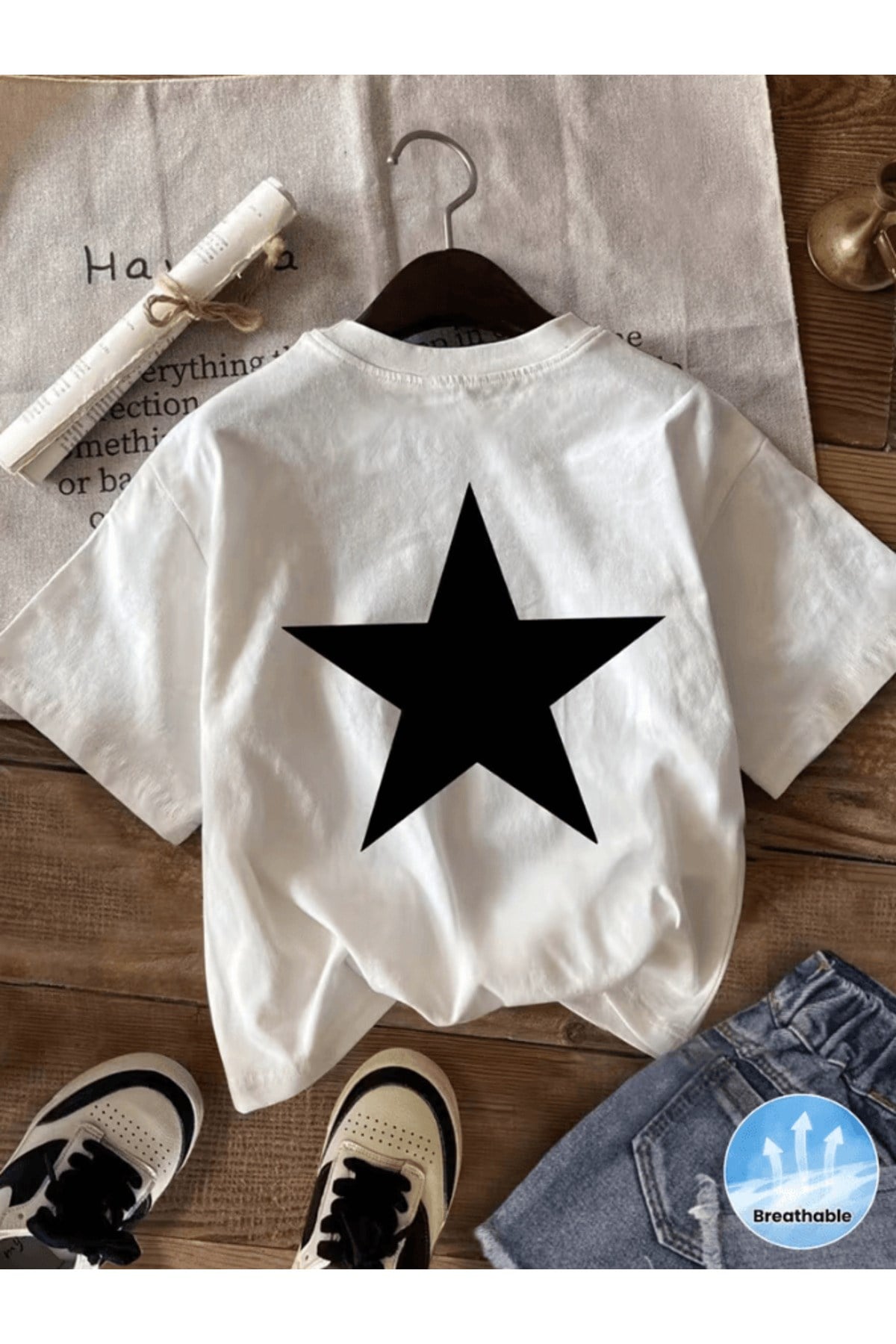 Siyah Parlak Yıldız Baskılı Premium Oversize T-shirt