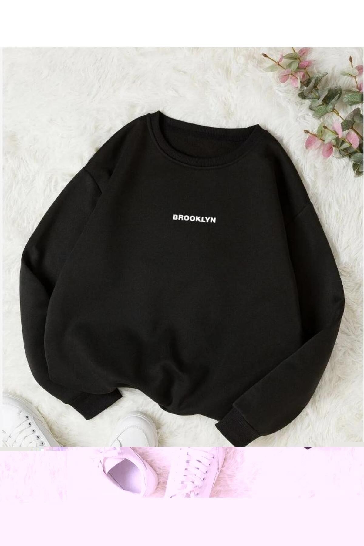Siyah Sweat Brooklyn Baskılı Oversize