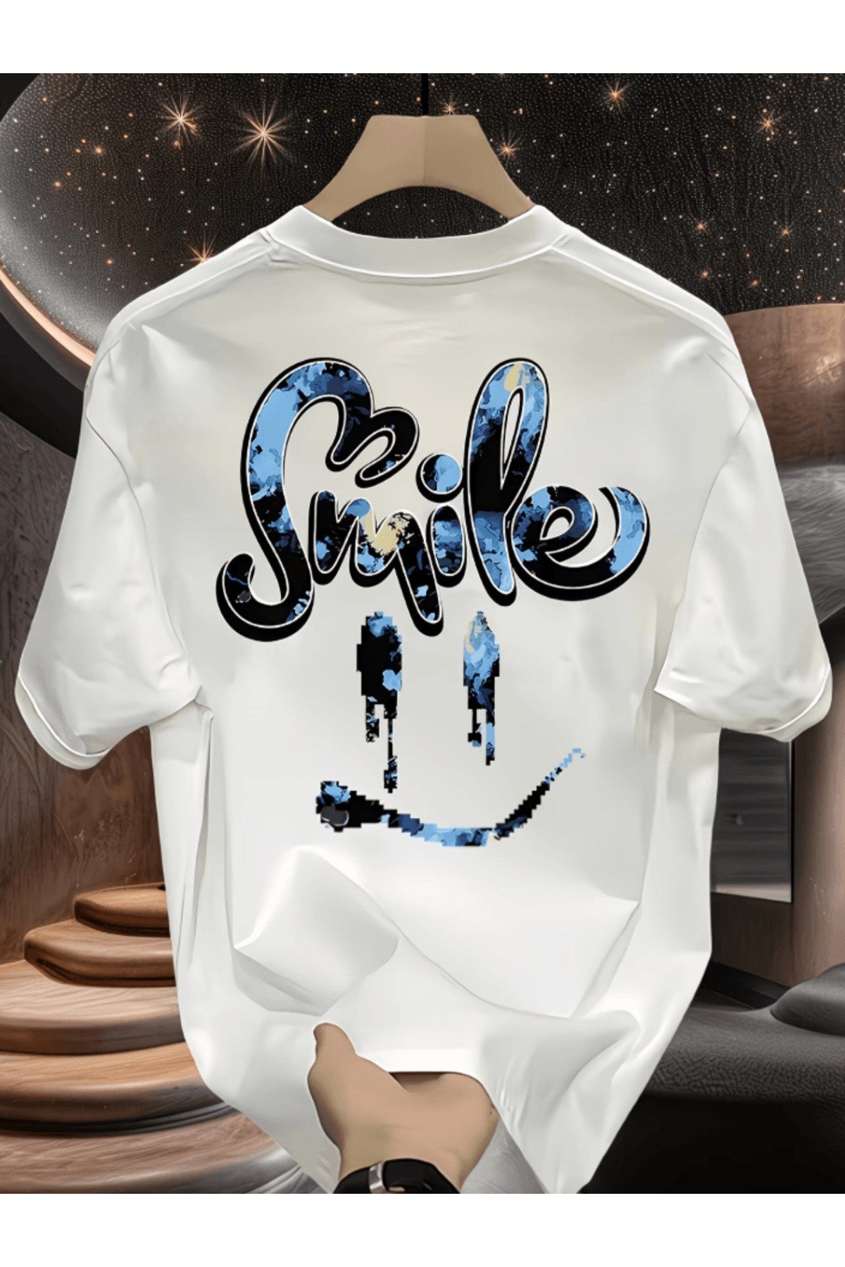 Smile Mavi Desen Baskılı Premium Oversize T-shirt