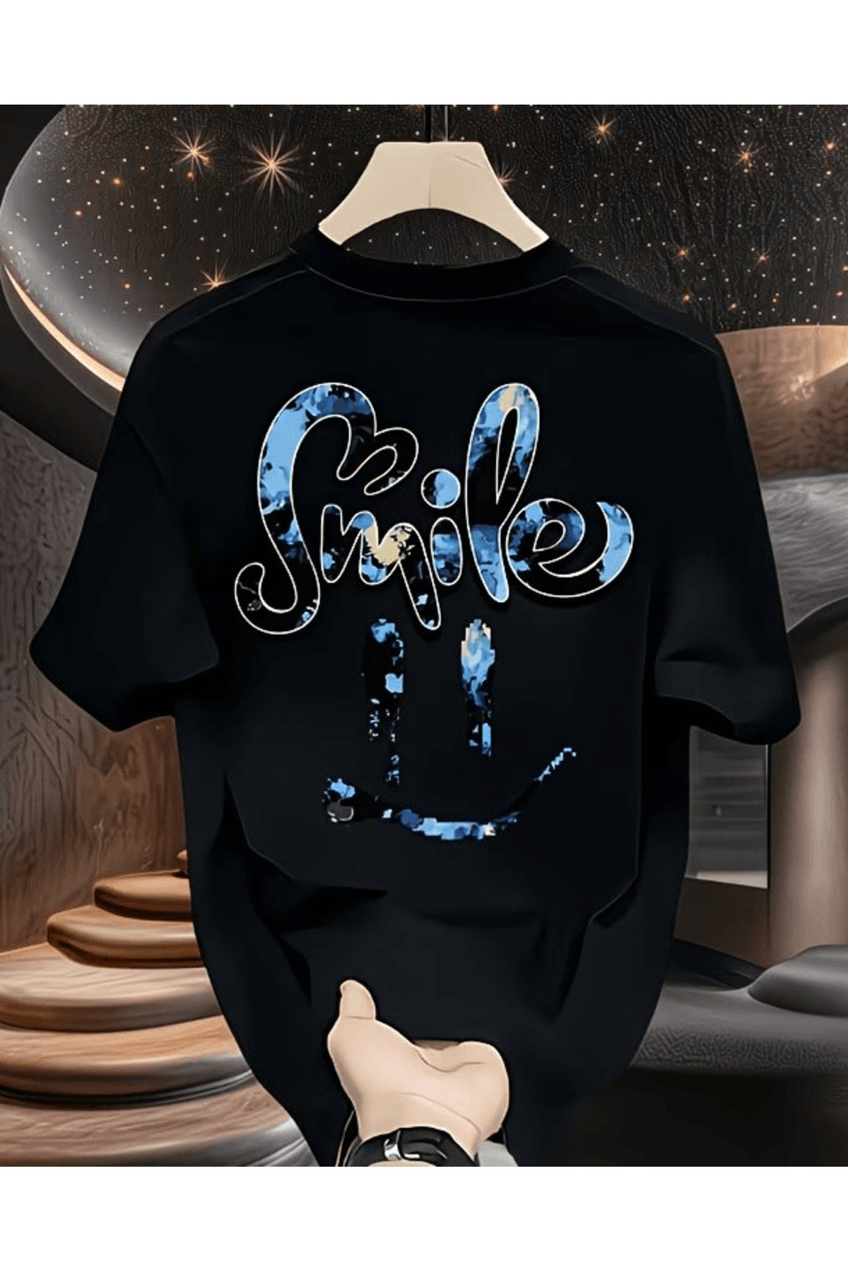 Smile Mavi Desen Baskılı Premium Oversize T-shirt