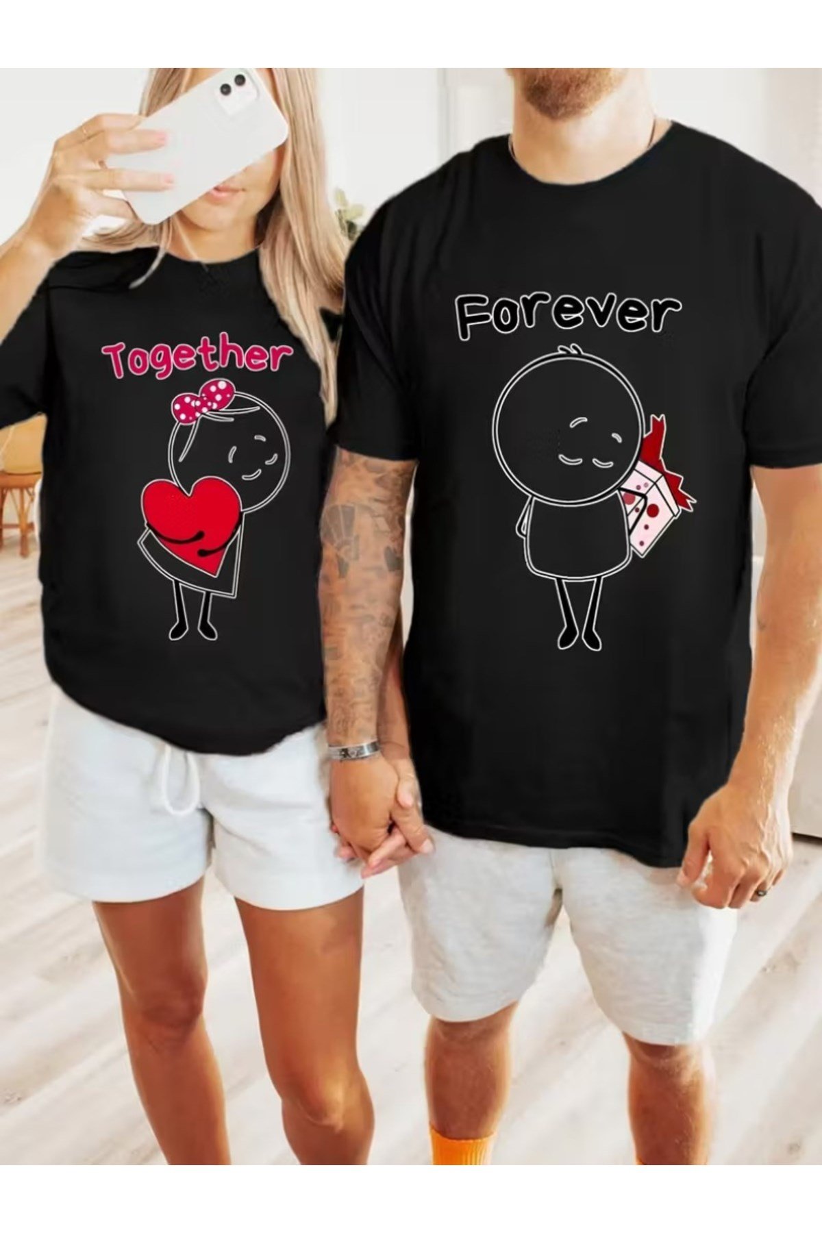 Together Ve Forever Yazılı Sevimli Karakter Eşleşen Çift Sevgili Kombini Basic Regular T-shirt 2'Li