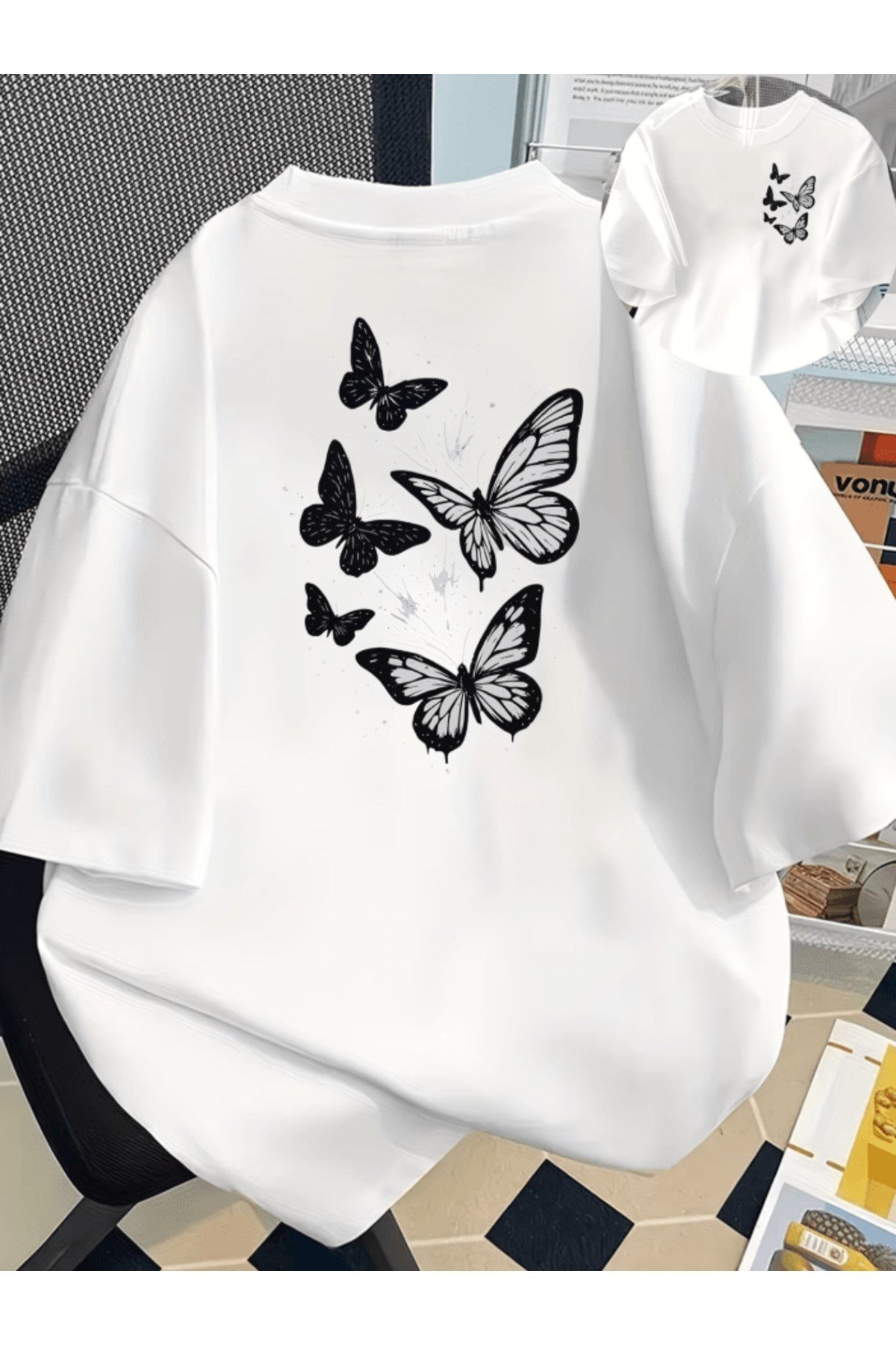 Uçan Siyah Kelebek Çift Taraf Baskılı Premium Oversize T-shirt