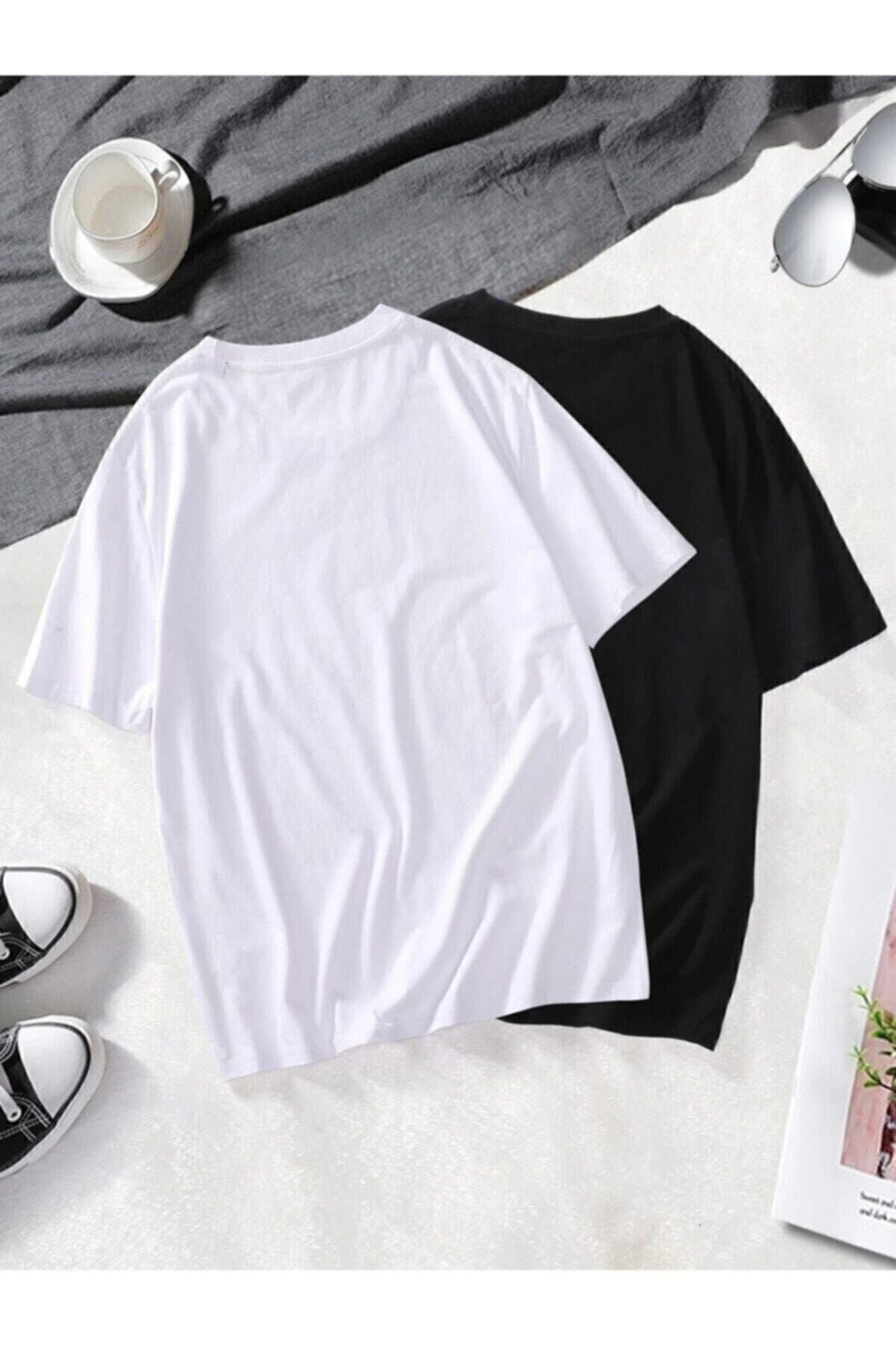 Unisex 2 Li Paket Siyah-beyaz Basic Oversize Penye T-shirt Tişört