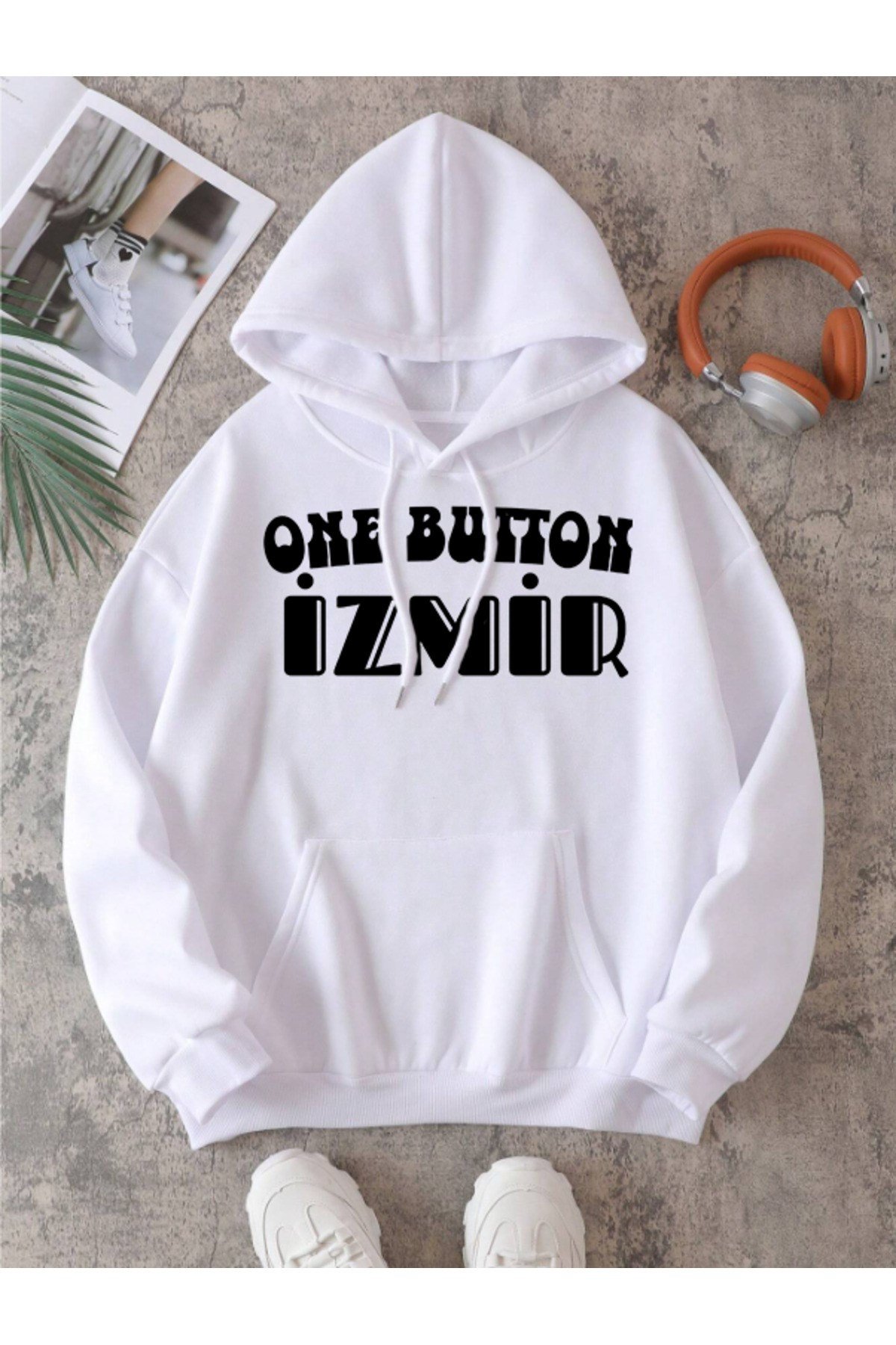 unisex beyaz one button izmir baskılı kapüşonlu pamuklu Sweatshirt