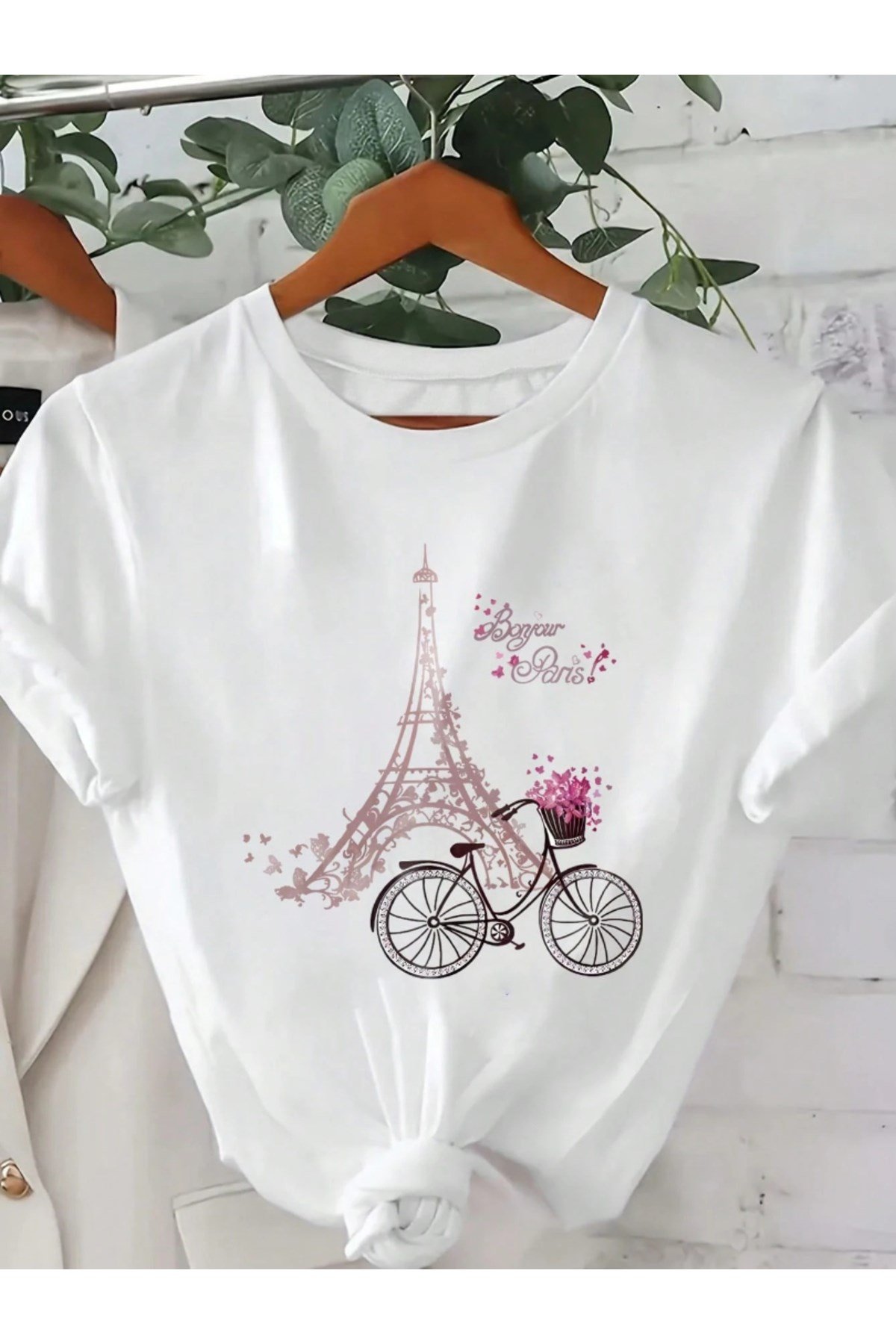Unisex Bonjour Paris Baskılı Eiffel Tower Detaylı Basic Bisiklet Yaka Regular T-shirt %100 Pamuk