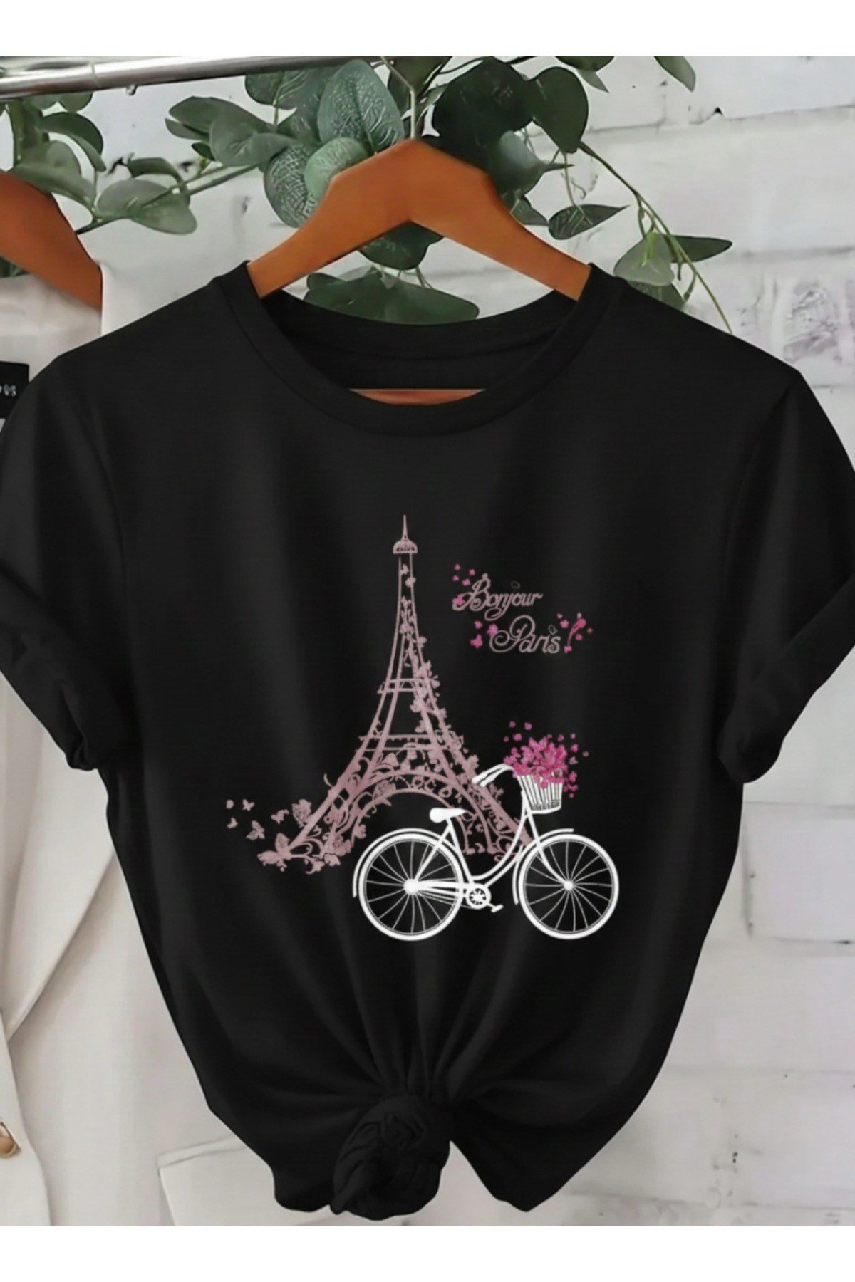 Unisex Bonjour Paris Baskılı Eiffel Tower Detaylı Basic Bisiklet Yaka Regular T-shirt %100 Pamuk