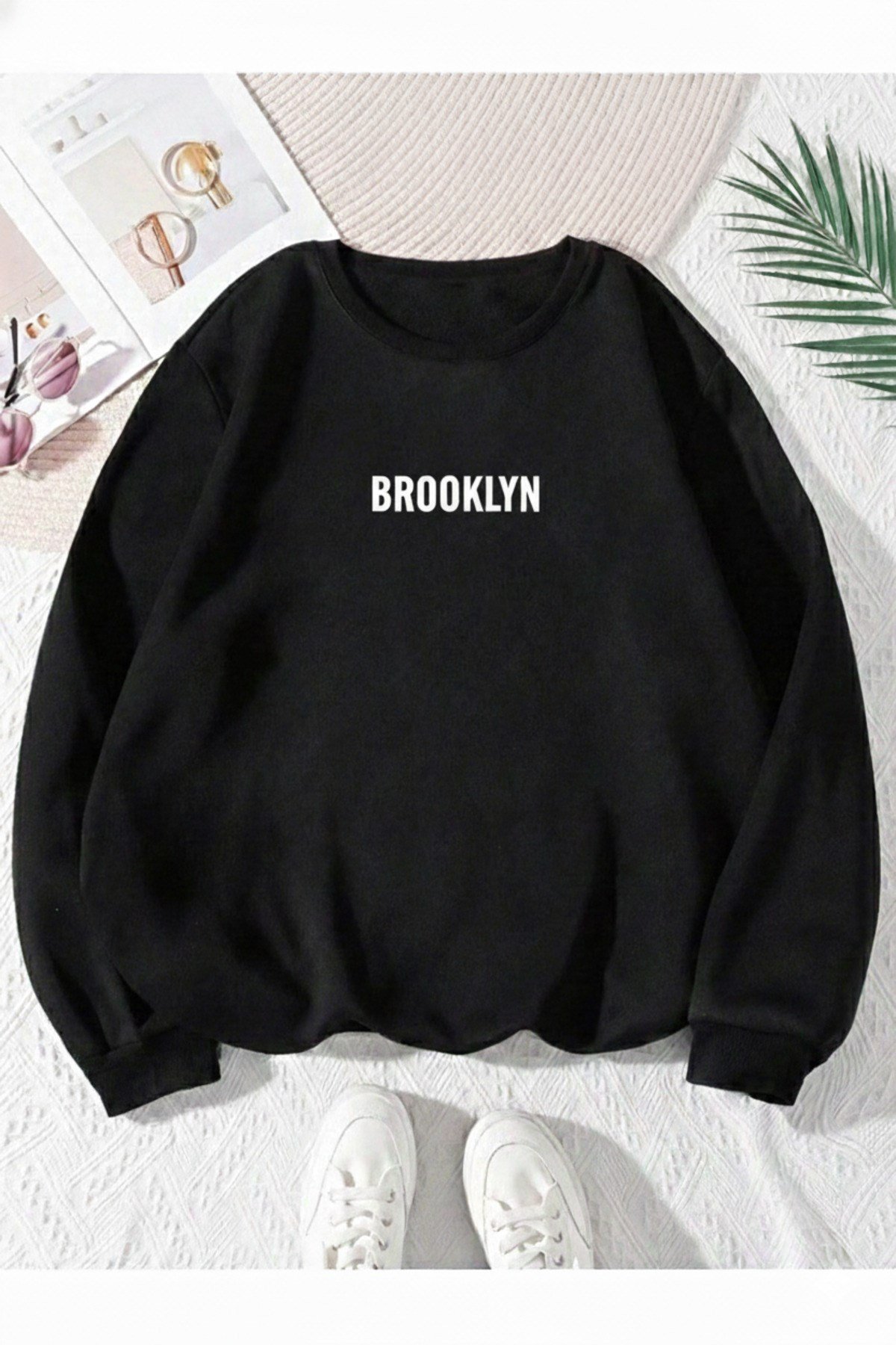 Unisex Brooklyn Baskılı Sıfır Yaka Regular Sweatshirt %100 Pamuk