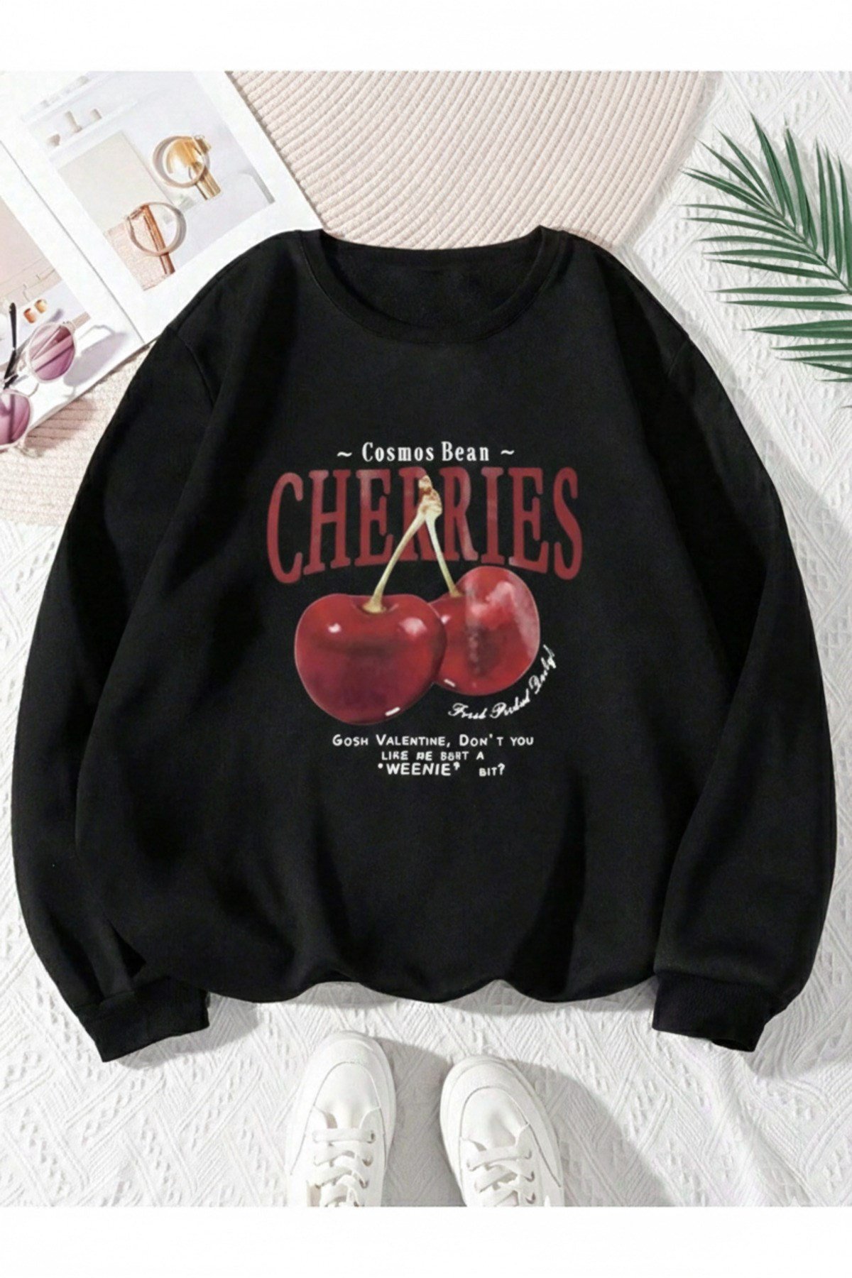 Unisex Cherries Baskılı Sıfır Yaka Regular Sweatshirt %100 Pamuk