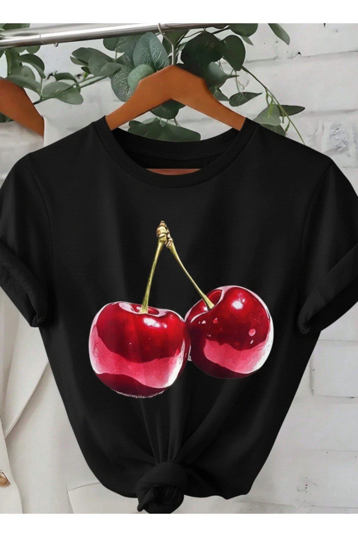 Unisex Cherry Kiraz Tasarımlı Basic Bisiklet Yaka Regular T-shirt %100 Pamuk