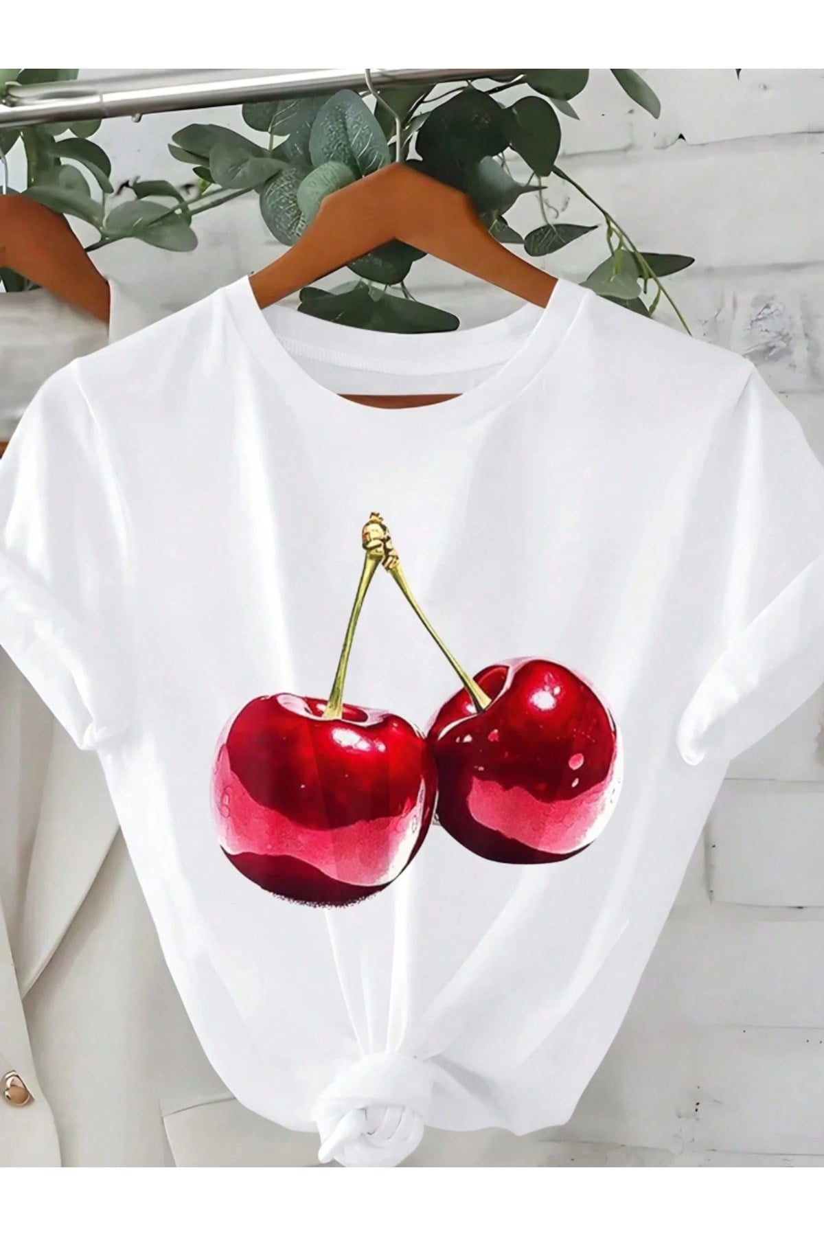 Unisex Cherry Kiraz Tasarımlı Basic Bisiklet Yaka Regular T-shirt %100 Pamuk