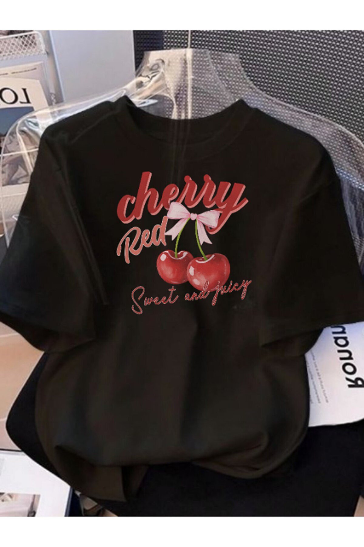 Unisex Cherry Özel Baskılı Basic Bisiklet Yaka Regular T-shirt %100 Pamuk