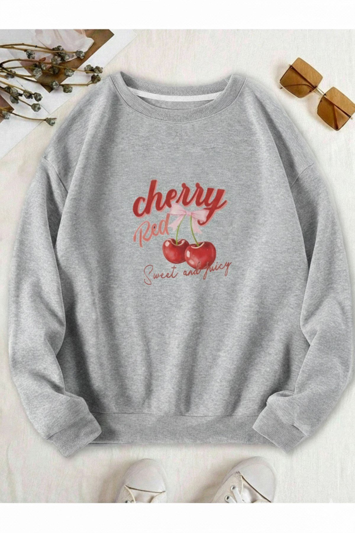 Unisex Cherry Özel Baskılı Sıfır Yaka Regular Sweatshirt %100 Pamuk