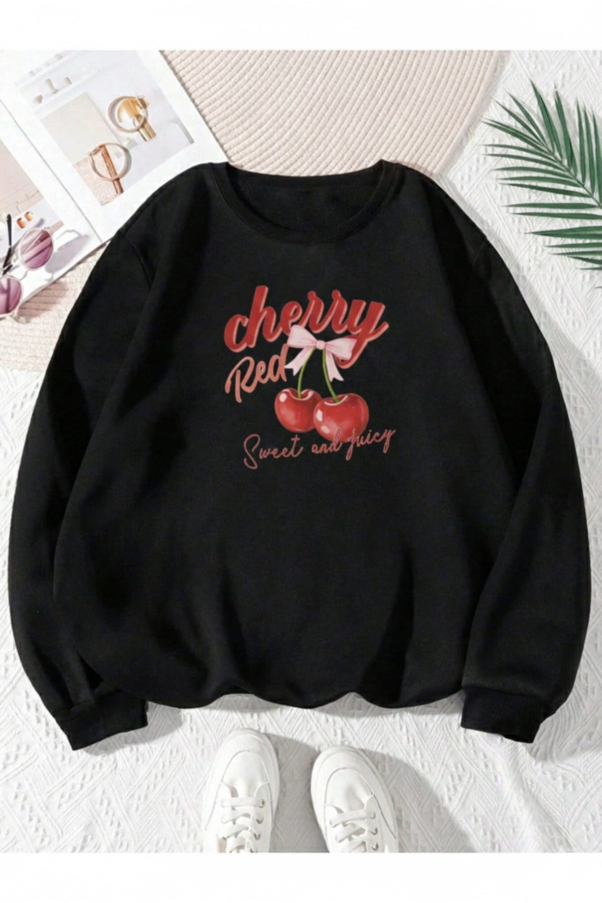 Unisex Cherry Özel Baskılı Sıfır Yaka Regular Sweatshirt %100 Pamuk