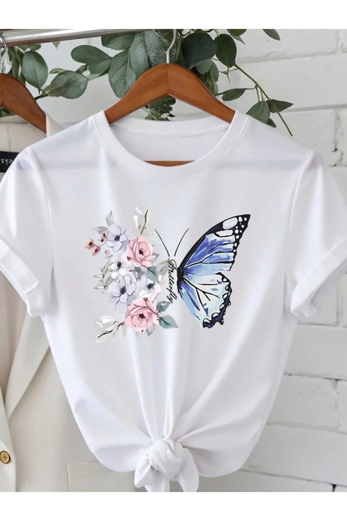 Unisex Çiçek Ve Kelebek Tasarımlı Basic Bisiklet Yaka Regular T-shirt %100 Pamuk