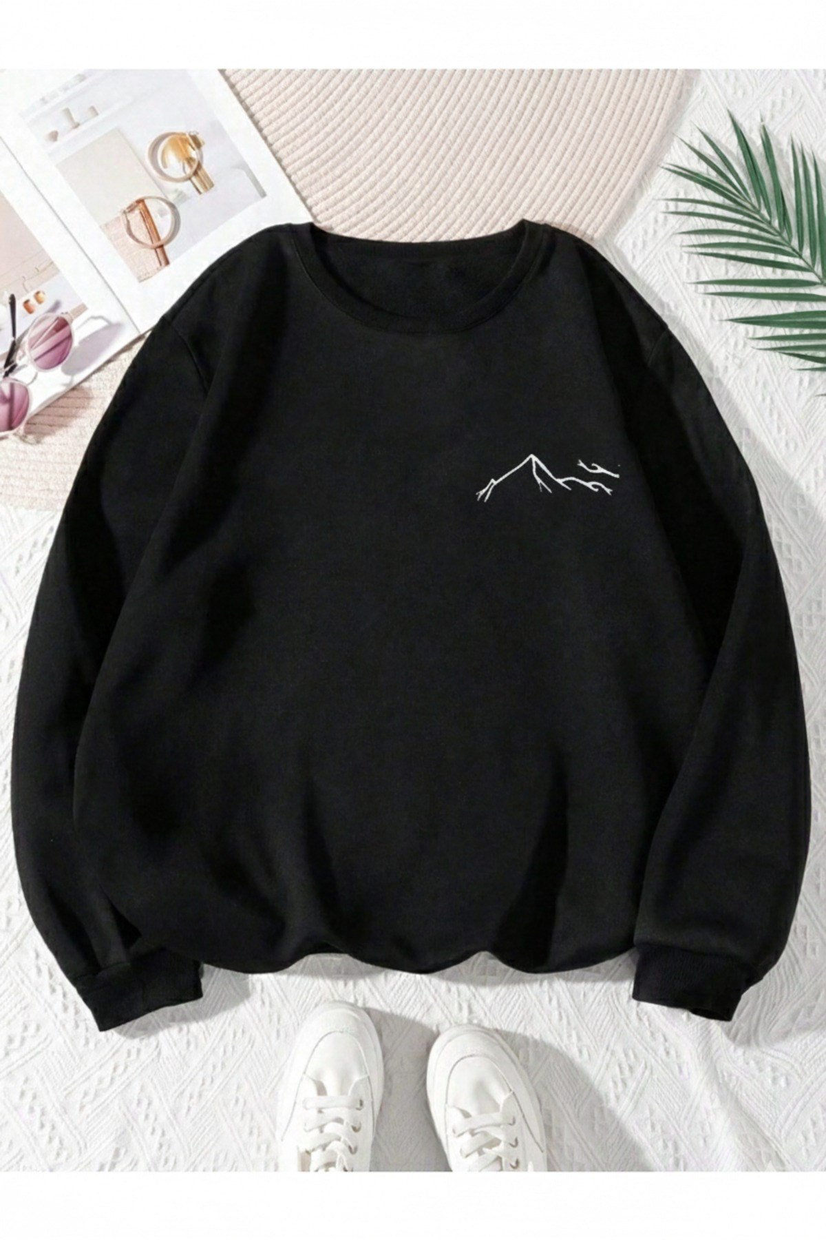 Unisex Dağ Baskılı Sıfır Yaka Regular Sweatshirt %100 Pamuk
