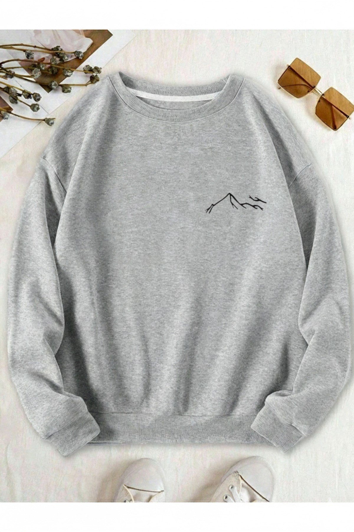 Unisex Dağ Baskılı Sıfır Yaka Regular Sweatshirt %100 Pamuk