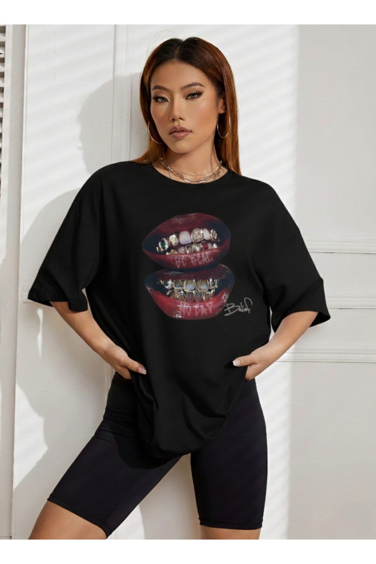 Unisex Dudak Tasarım Baskılı Basic Bisiklet Yaka Regular T-shirt %100 Pamuk