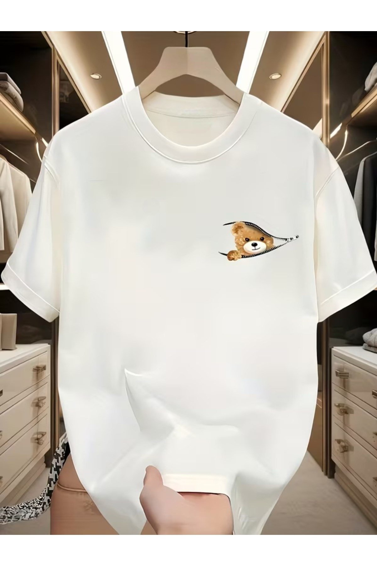 Unisex Fermuarlı Ayı Tasarım Basic Regular T-shirt