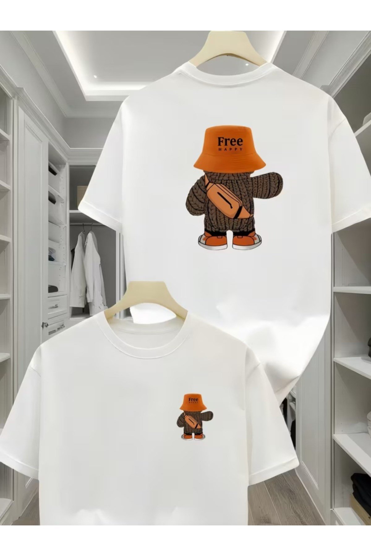 Unisex Free Happy Çift Taraf Karakter Baskılı Basic Bisiklet Yaka Regular T-shirt