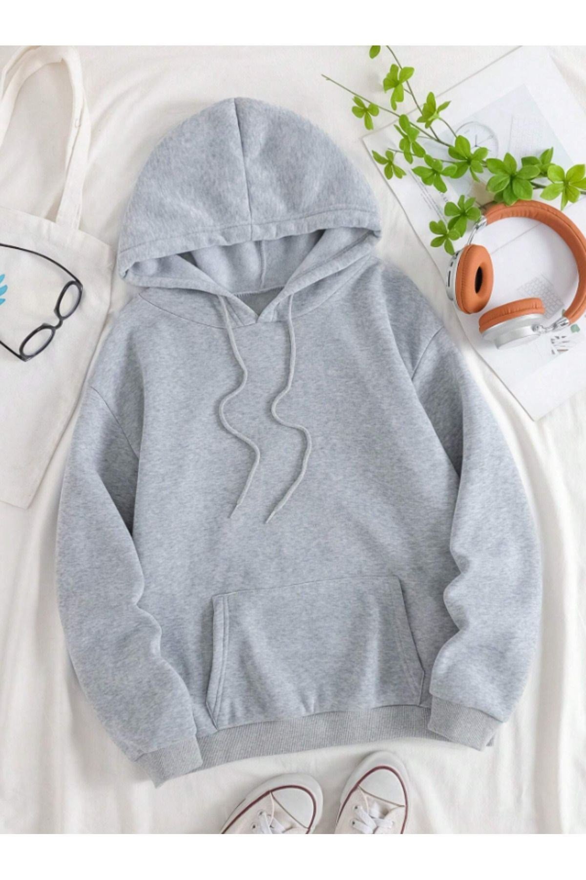 Unisex gri Kanguru Cepli Kapüşonlu Sweatshirt gri Hoodie