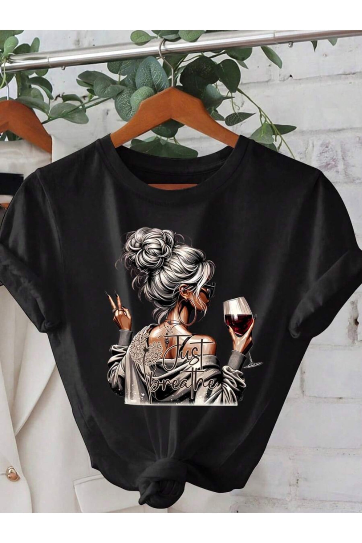 Unisex Just Breathe Baskılı Basic Bisiklet Yaka Regular T-shirt %100 Pamuk