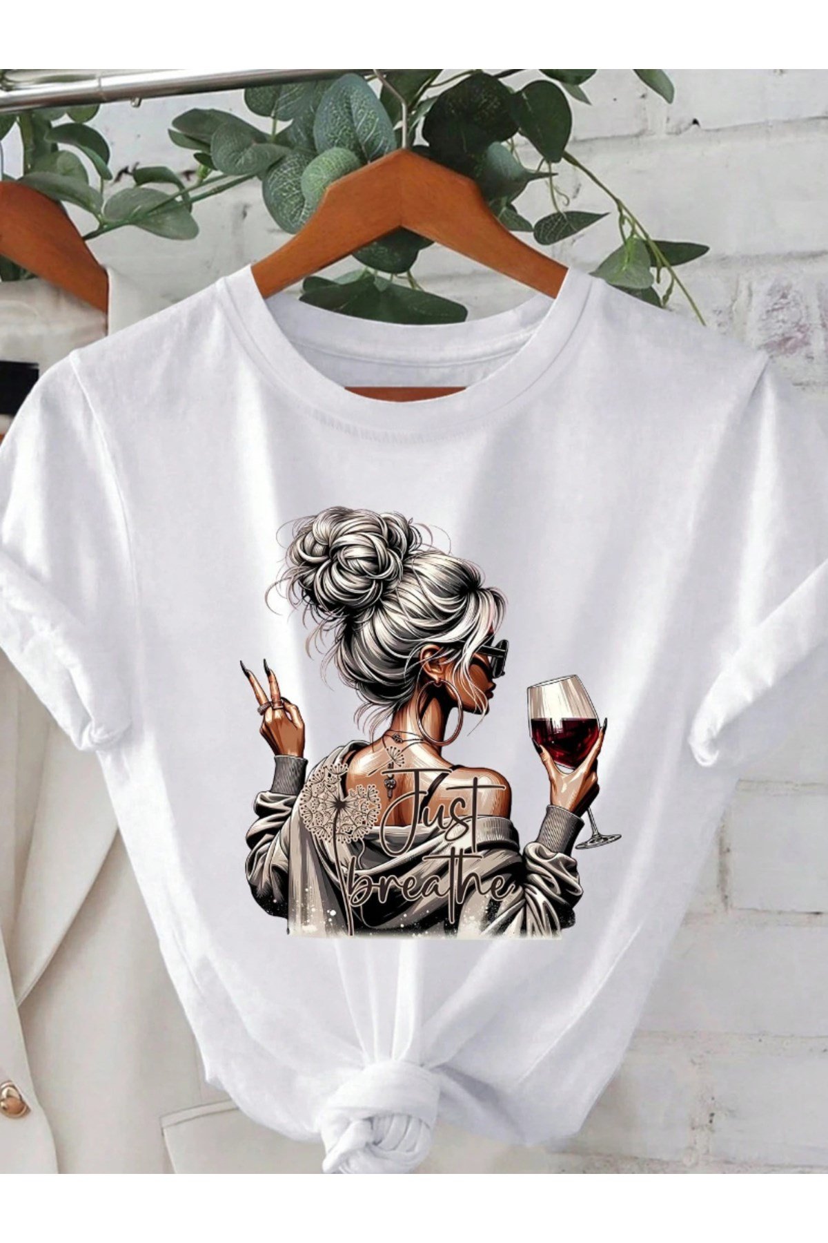 Unisex Just Breathe Baskılı Basic Bisiklet Yaka Regular T-shirt %100 Pamuk