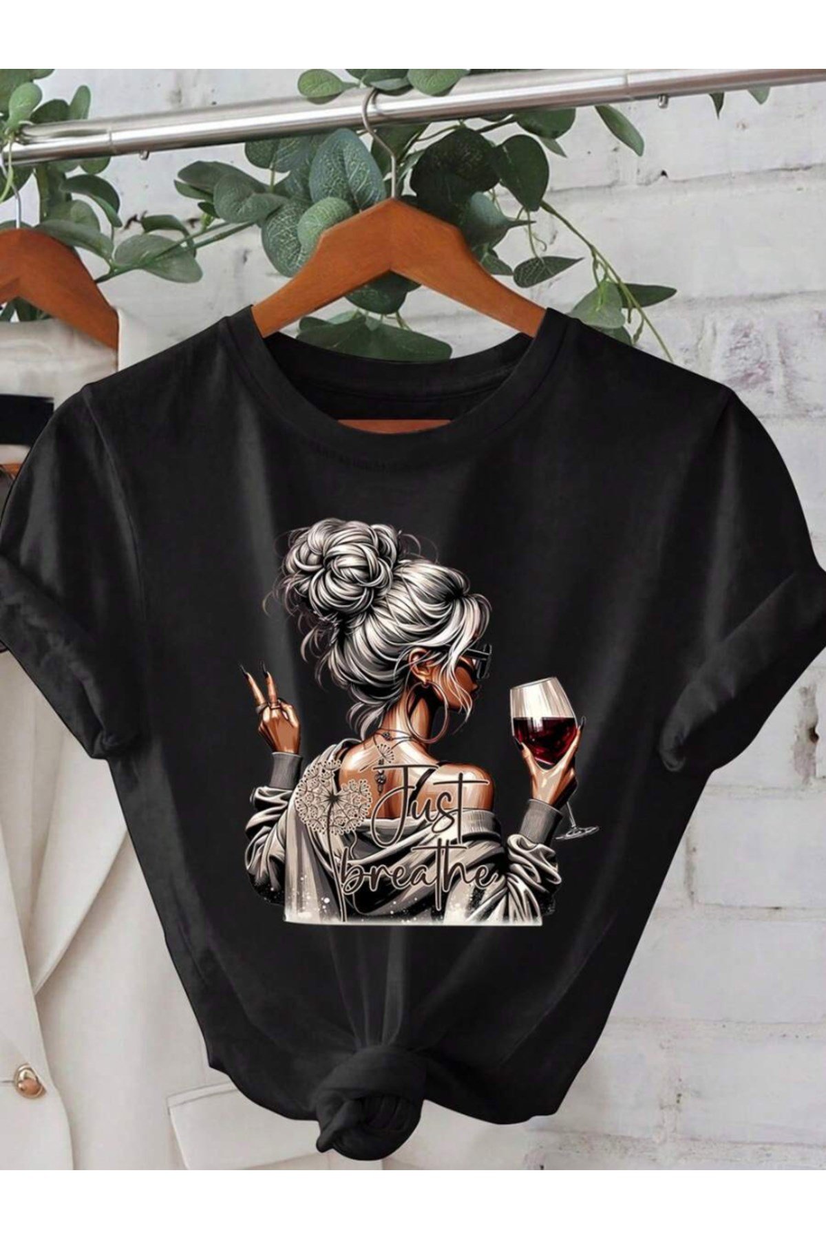 Unisex Just Breathe Baskılı Basic Bisiklet Yaka Regular T-shirt %100 Pamuk