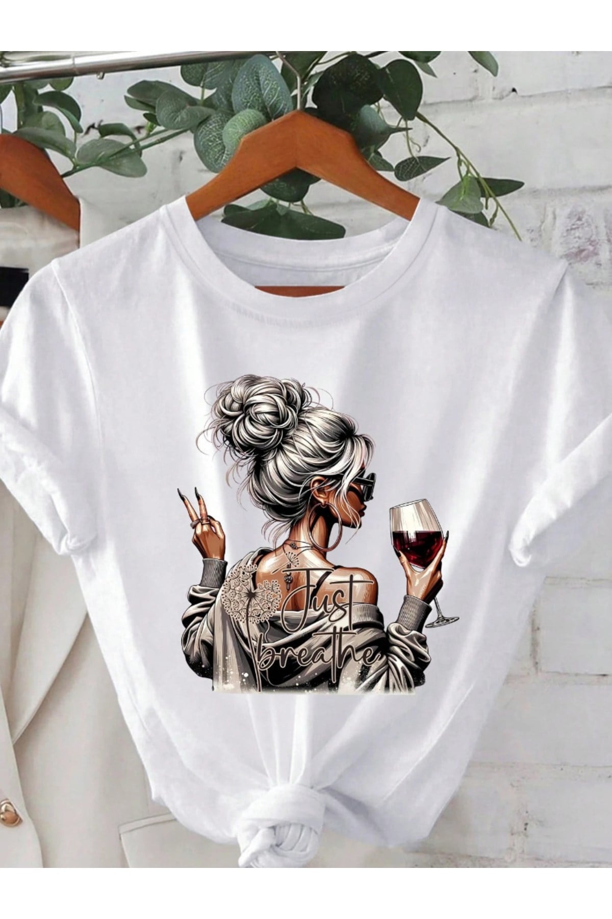 Unisex Just Breathe Baskılı Basic Bisiklet Yaka Regular T-shirt %100 Pamuk