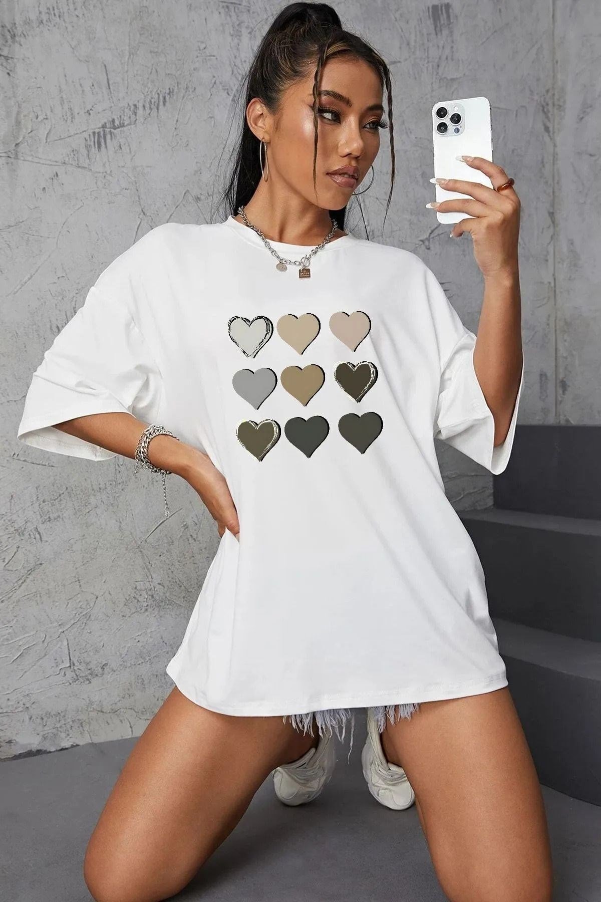 Unisex Kalp Baskılı Basic Bisiklet Yaka Regular T-shirt %100 Pamuk