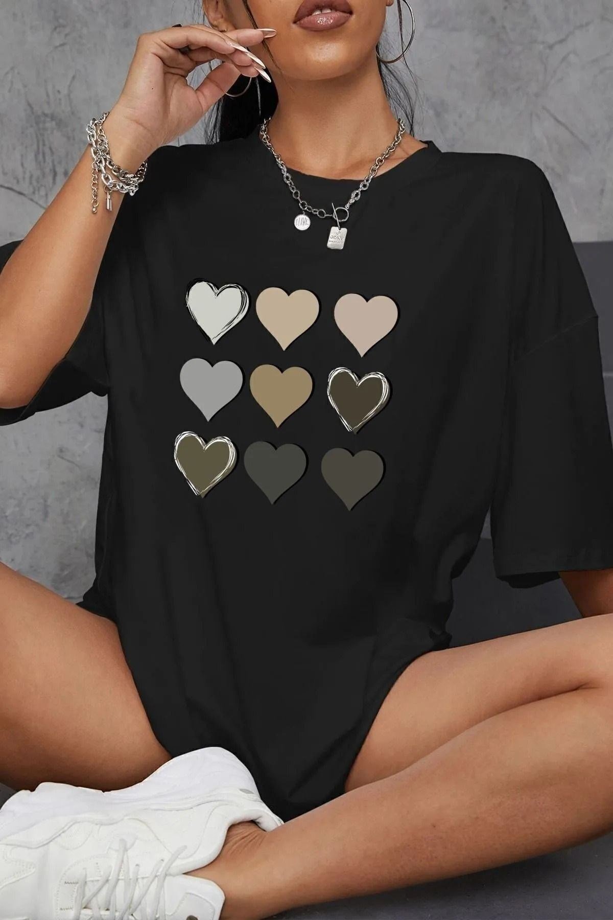 Unisex Kalp Baskılı Basic Bisiklet Yaka Regular T-shirt %100 Pamuk