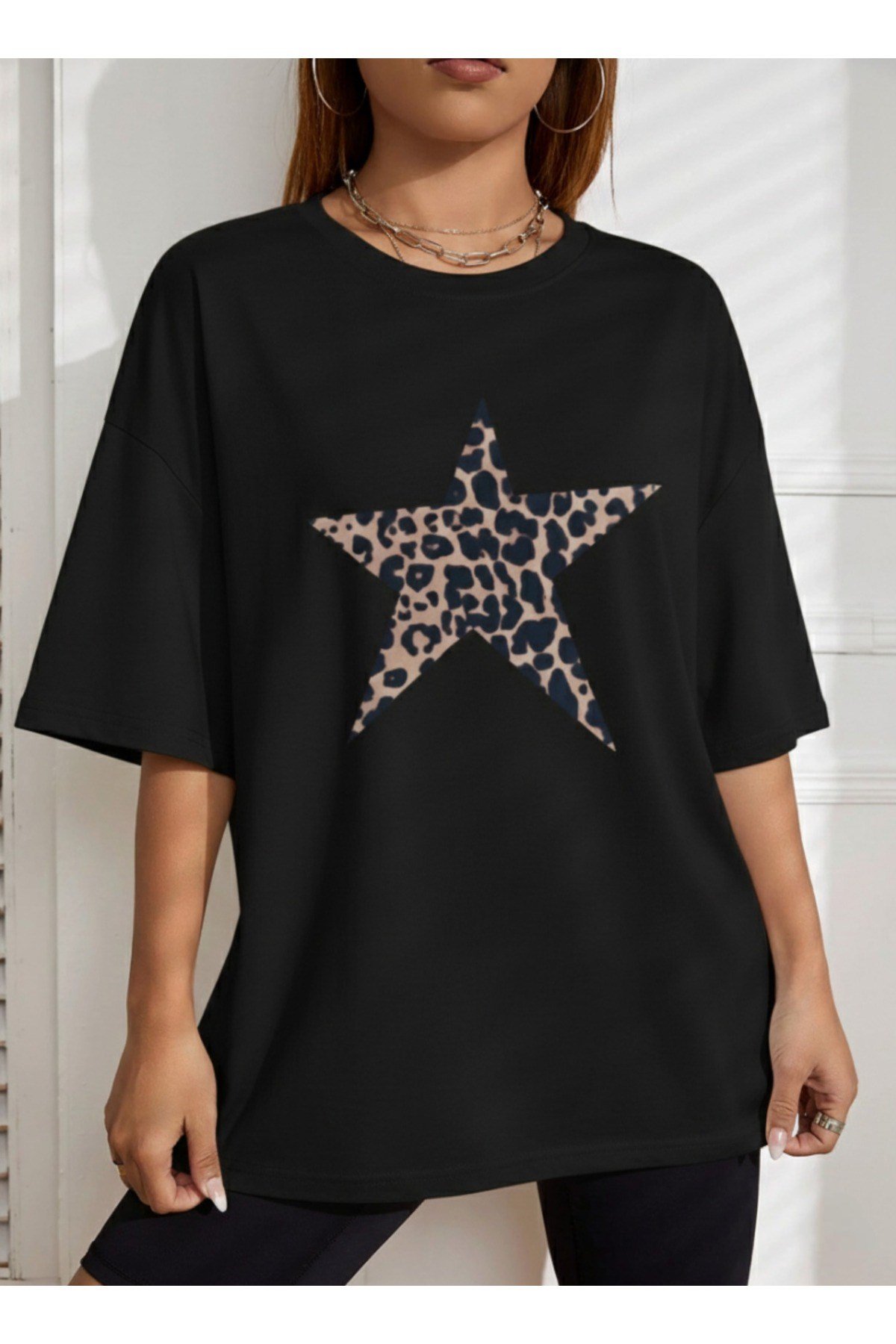Unisex Leopar Yıldız Desenli Basic Bisiklet Yaka Regular T-shirt %100 Pamuk