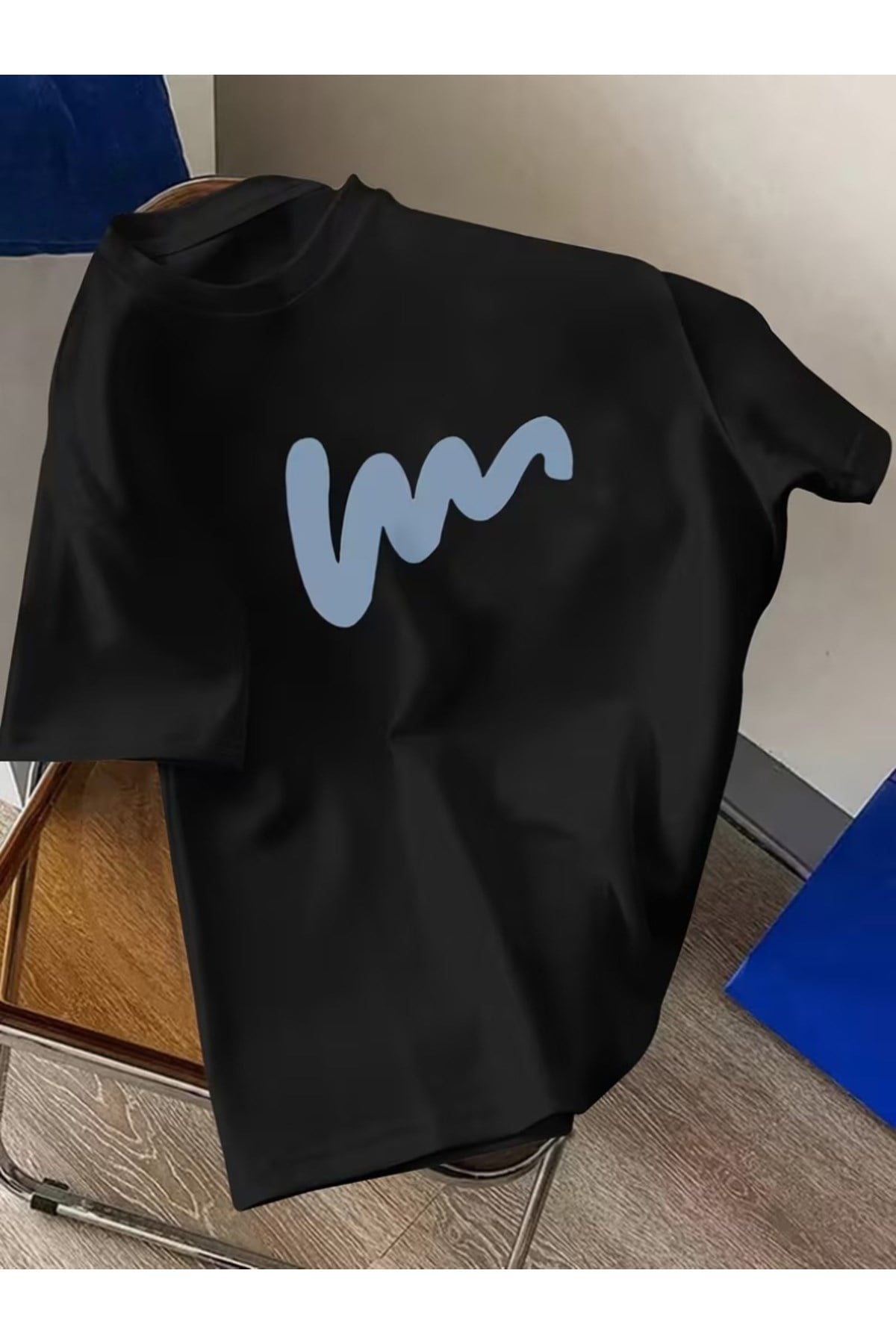 Unisex Mavi Yatay Çizgi Tasarım Basic Bisiklet Yaka Regular T-shirt