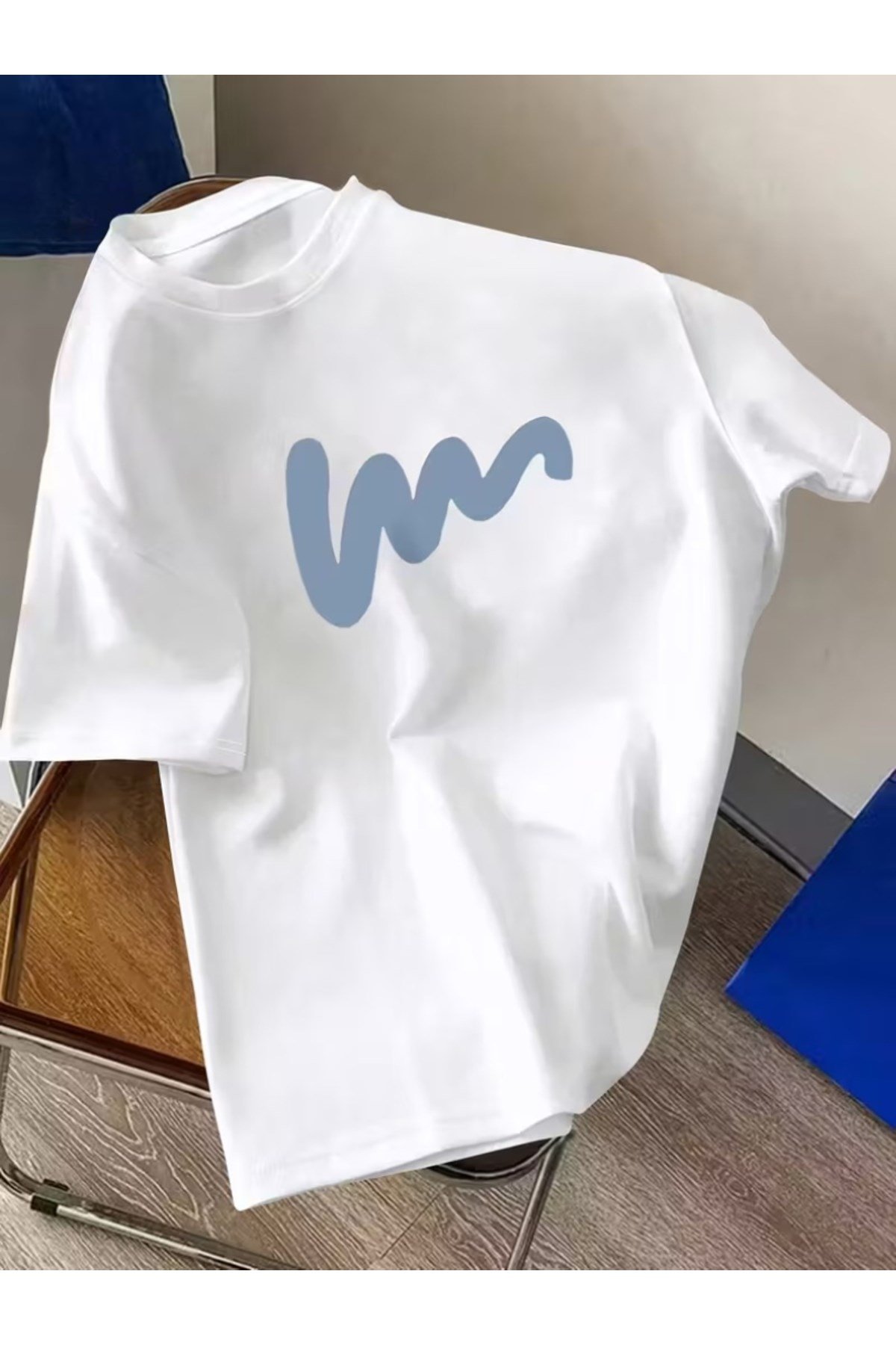 Unisex Mavi Yatay Çizgi Tasarım Basic Bisiklet Yaka Regular T-shirt