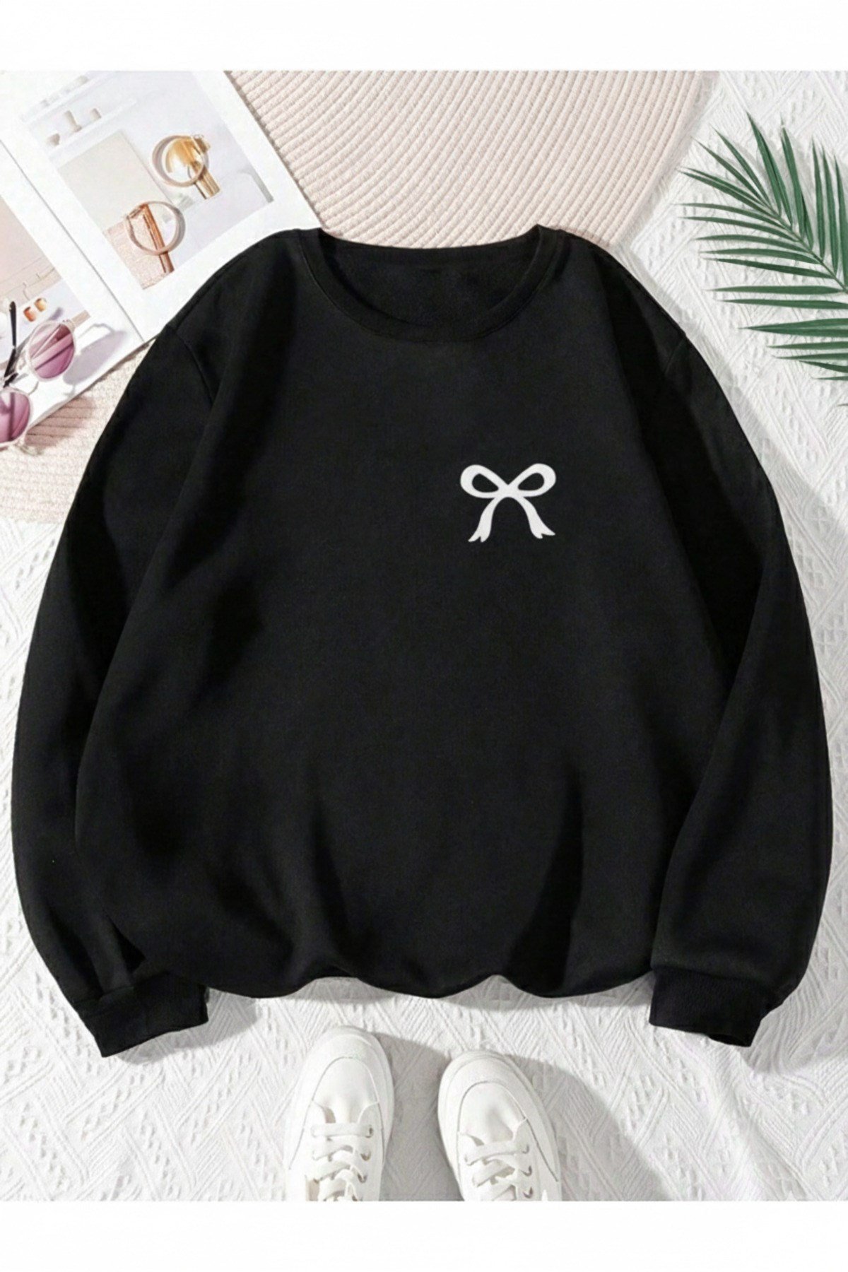 Unisex Mini Kurdele Baskılı Sıfır Yaka Regular Sweatshirt %100 Pamuk