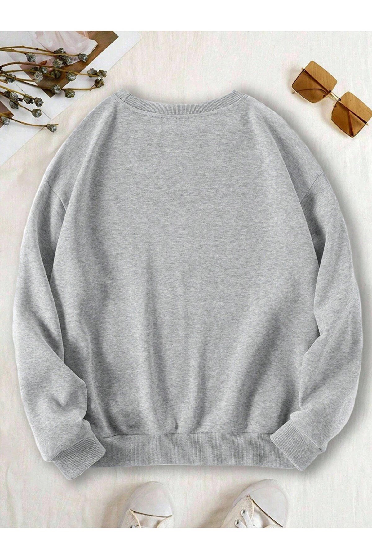 Unisex Mini Kurdele Baskılı Sıfır Yaka Regular Sweatshirt %100 Pamuk