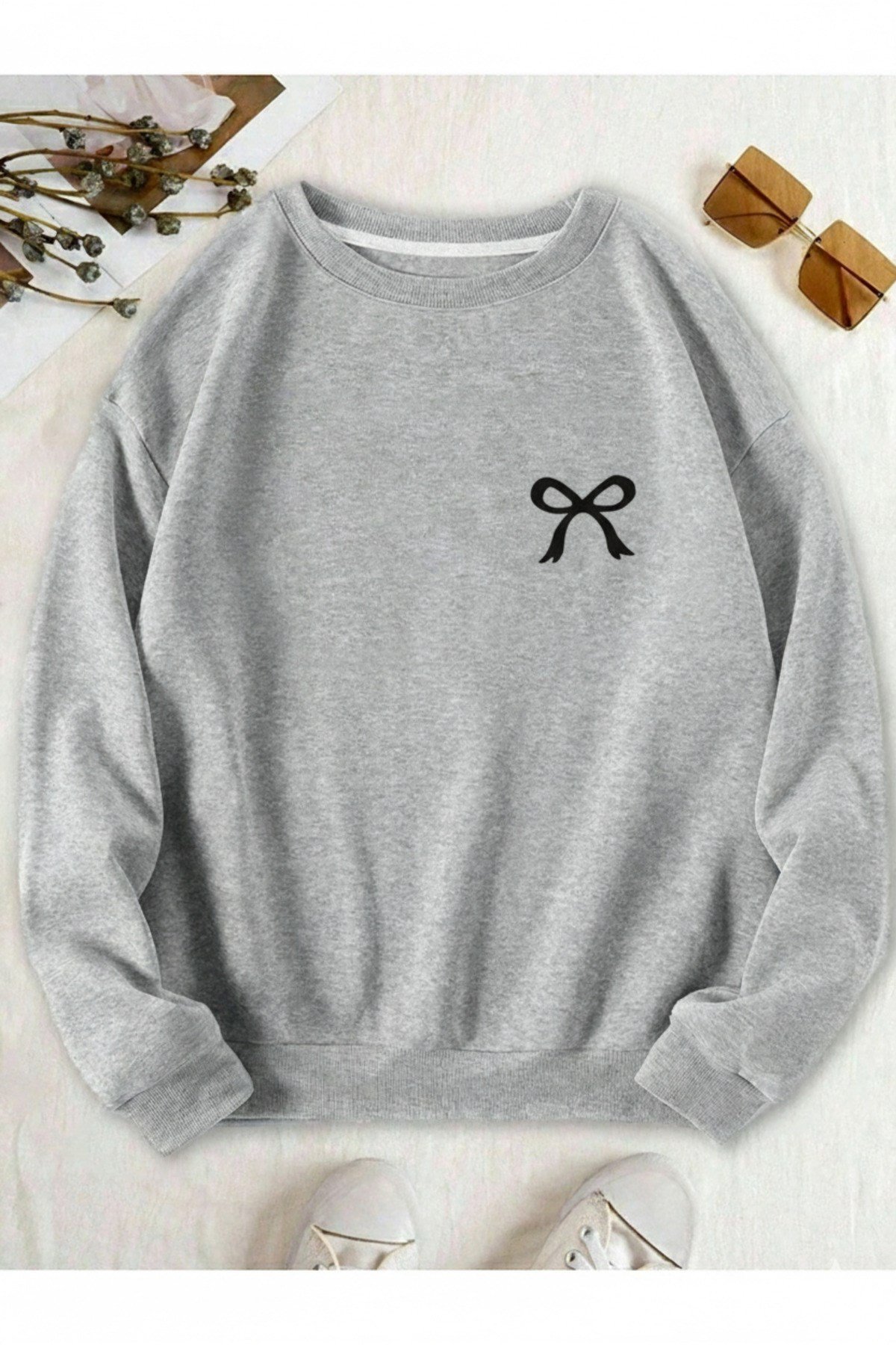 Unisex Mini Kurdele Baskılı Sıfır Yaka Regular Sweatshirt %100 Pamuk